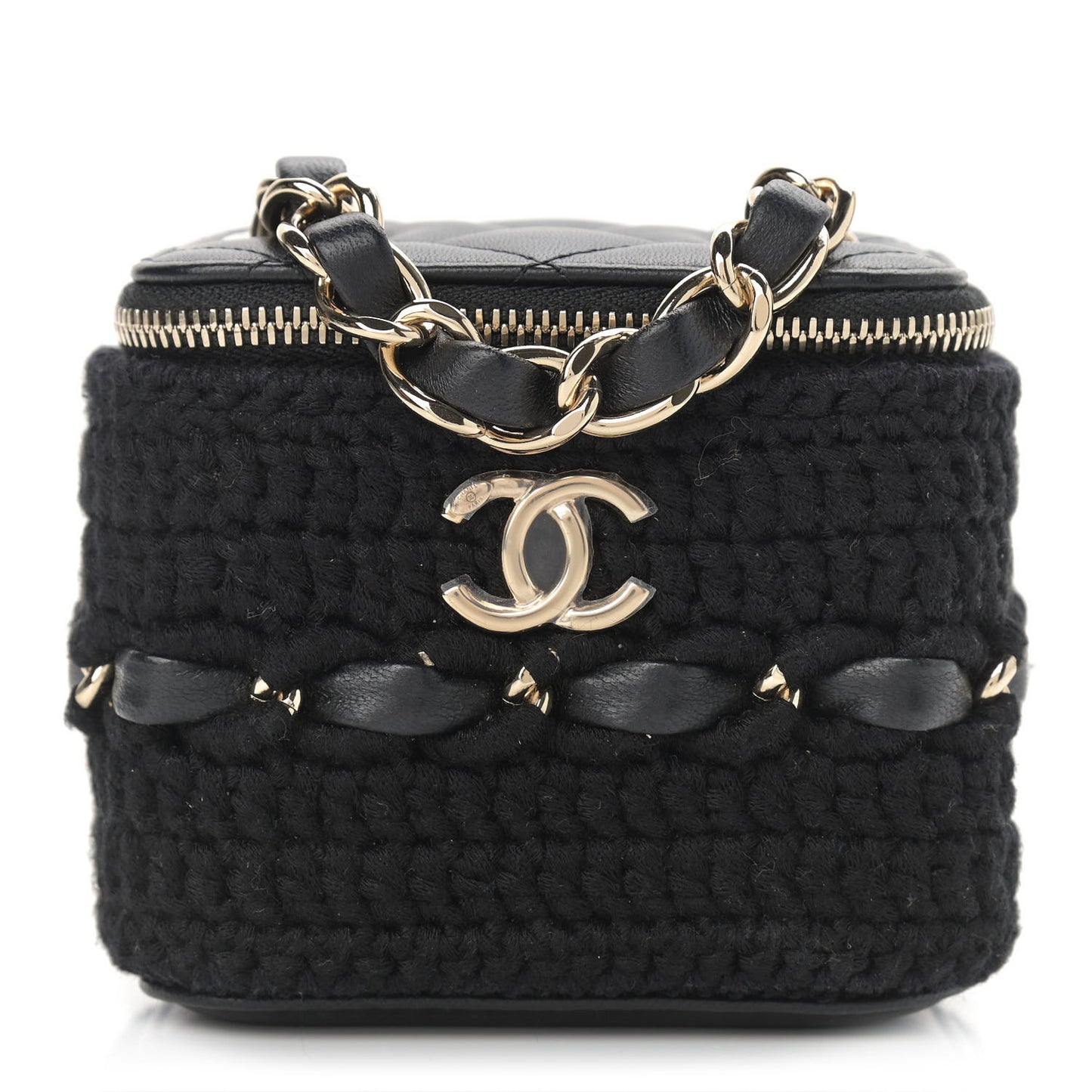 Lambskin Crochet Small Vanity Case With Chain Black