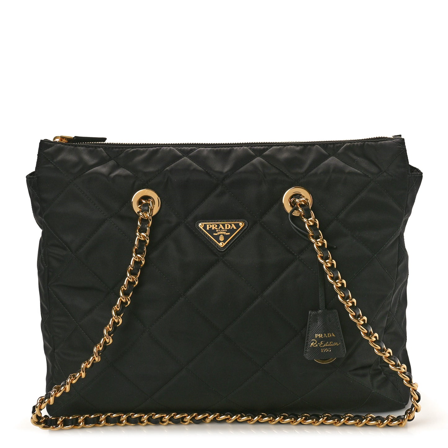 Re-Nylon Impunturato Saffiano Triangle Stitched Re-Edition 1995 Chaine Large Shoulder Bag Black