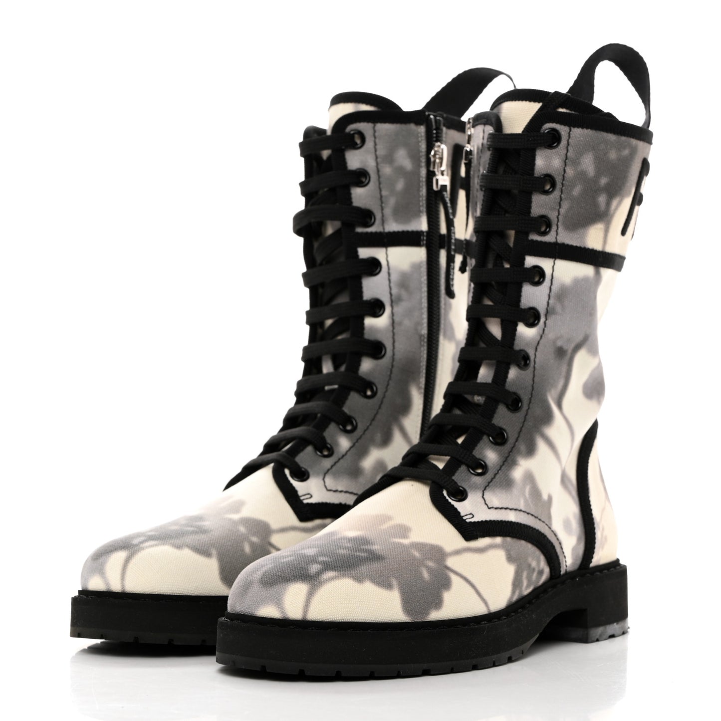 Canvas Floral Print Logo Bi-Color Womens Biker Boots 37 White Black