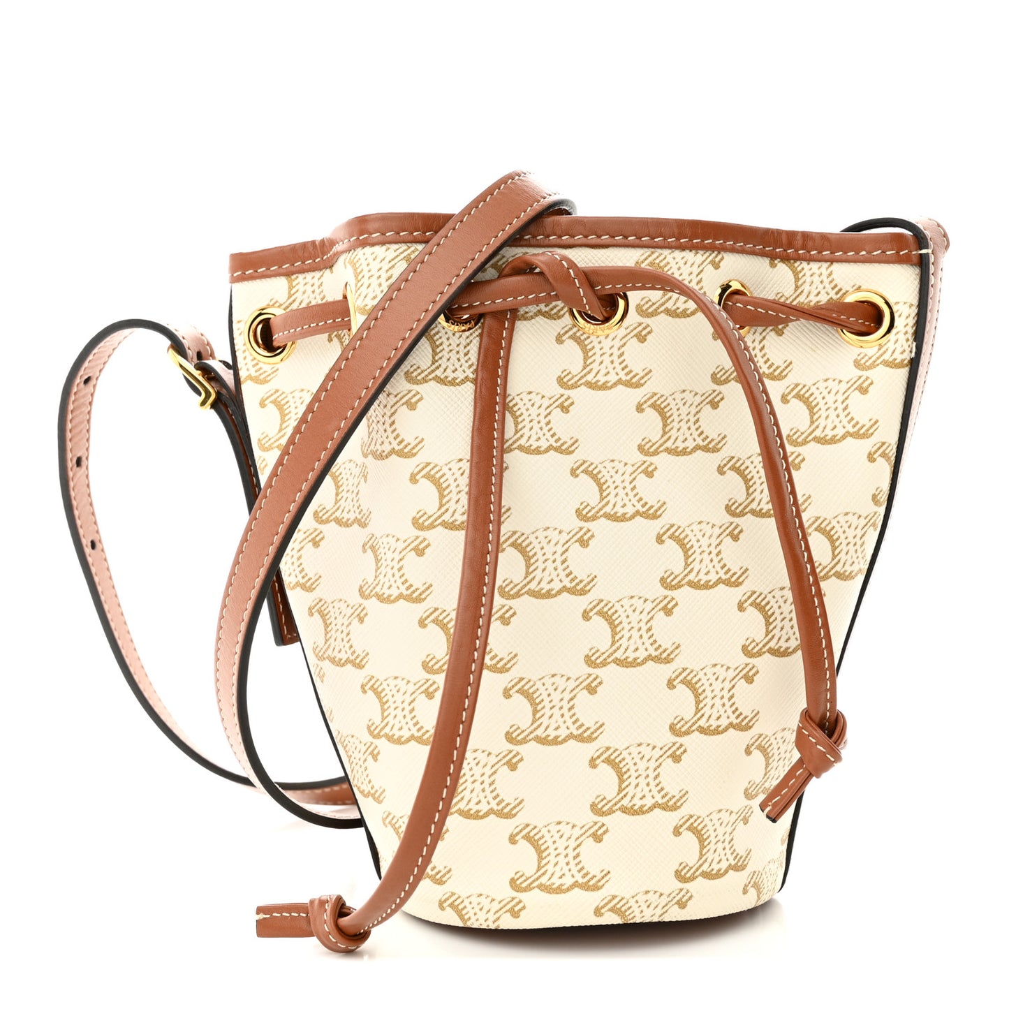 Triomphe Canvas Calfskin Micro Drawstring Bucket Bag White Tan