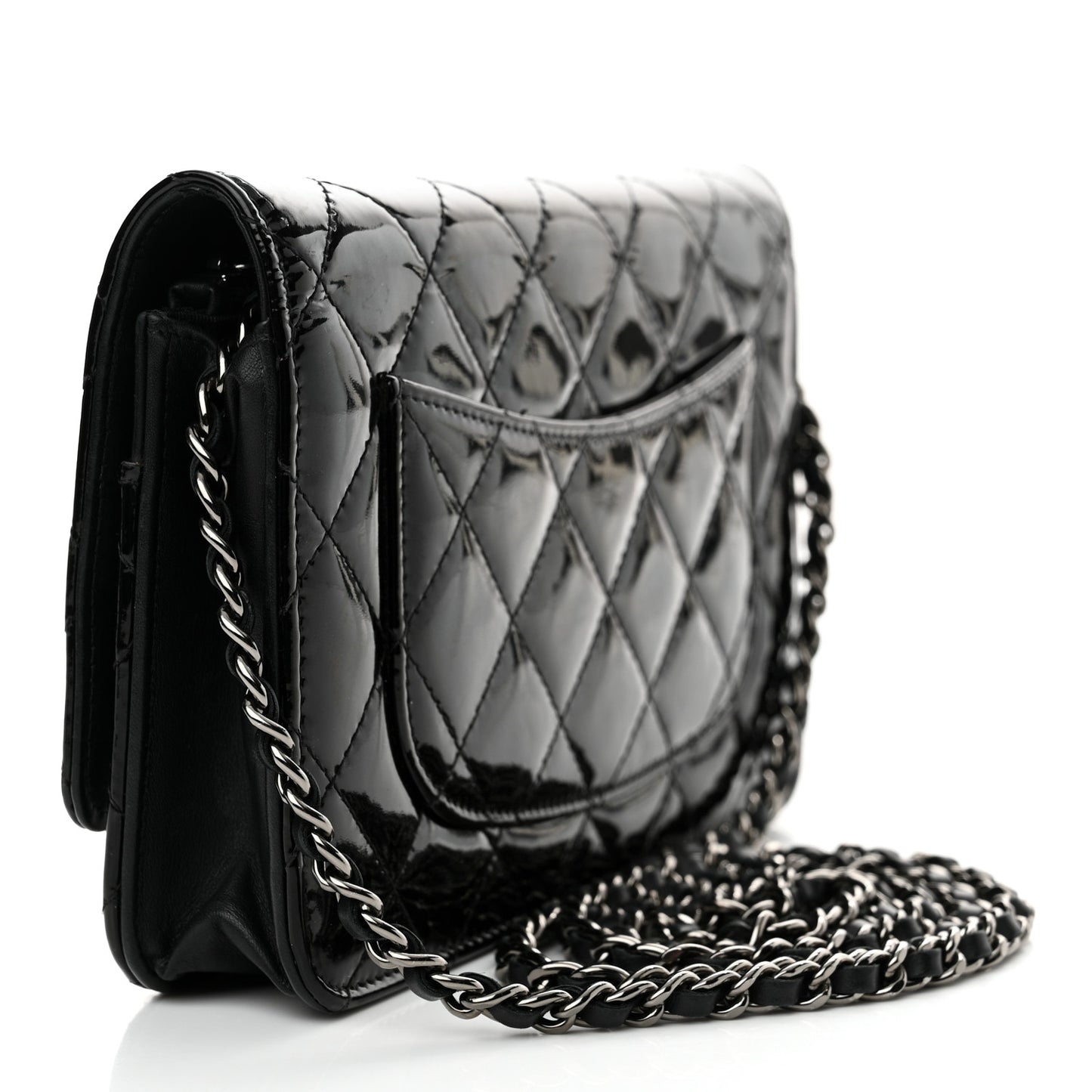 Patent Calfskin Quilted Wallet On Chain WOC Black