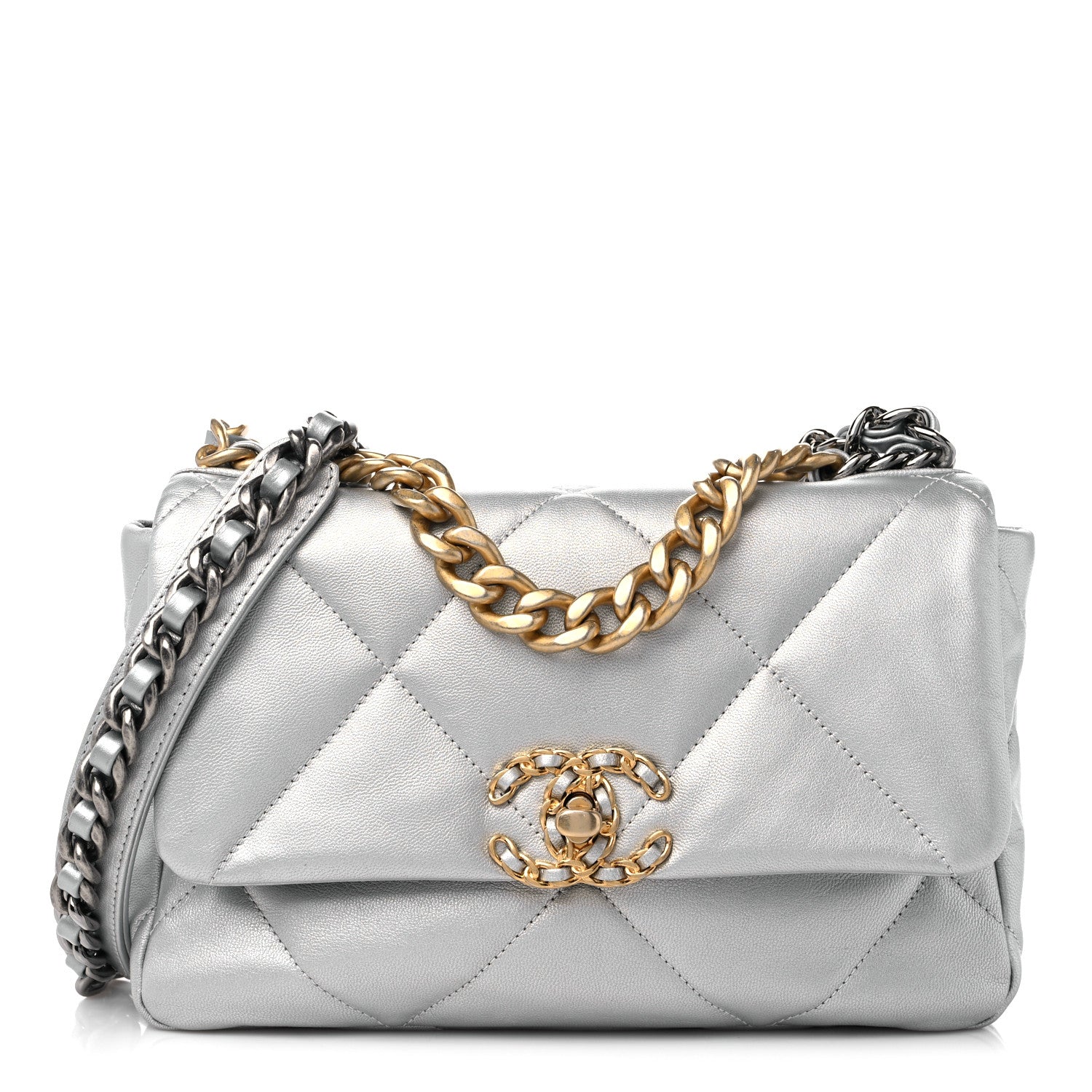 Chanel Metallic Goatskin Quilted Medium Chanel 19 Flap Silver
