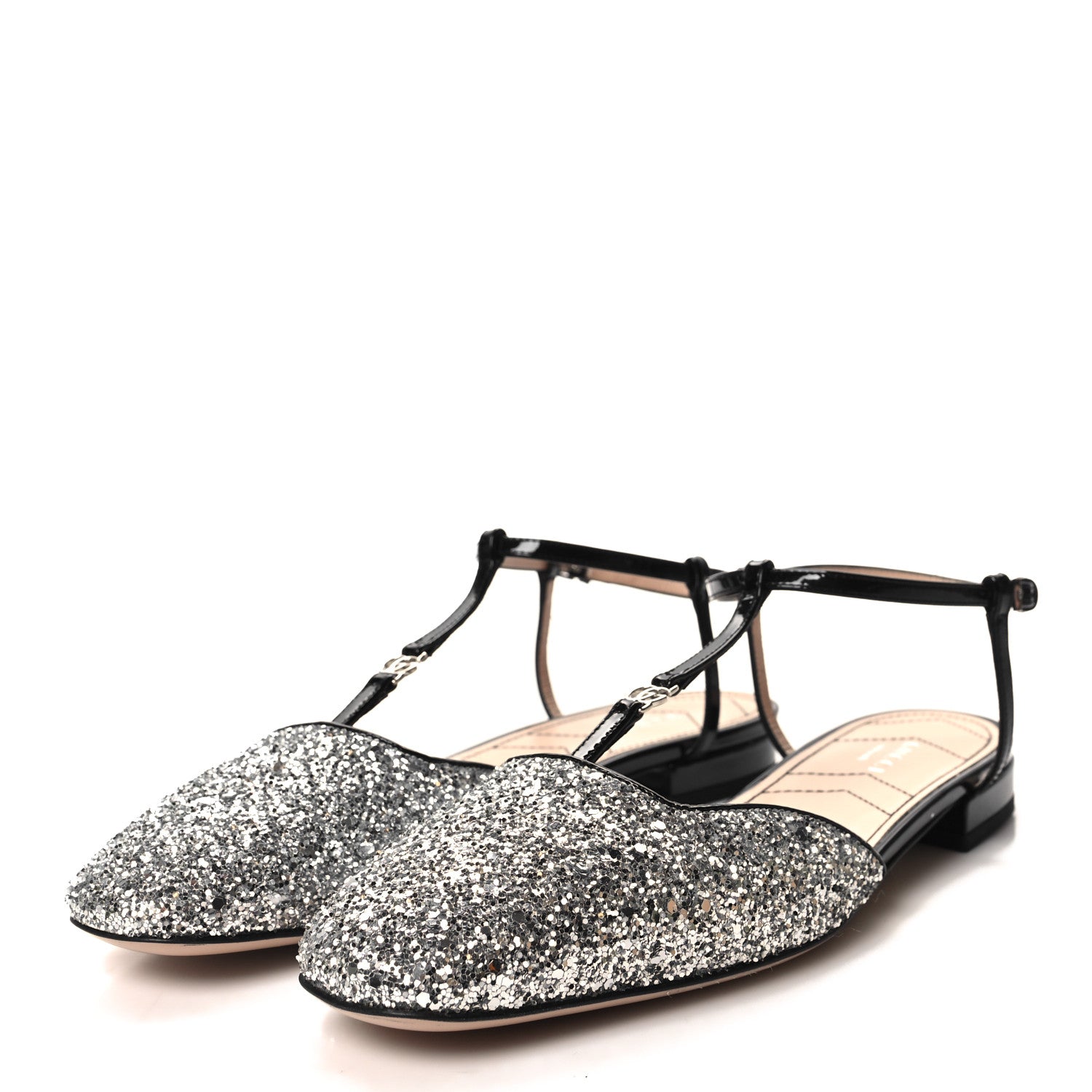 Gucci Calfskin Glitter Double G Slingback Flats 38 Silver Black 3 of 8