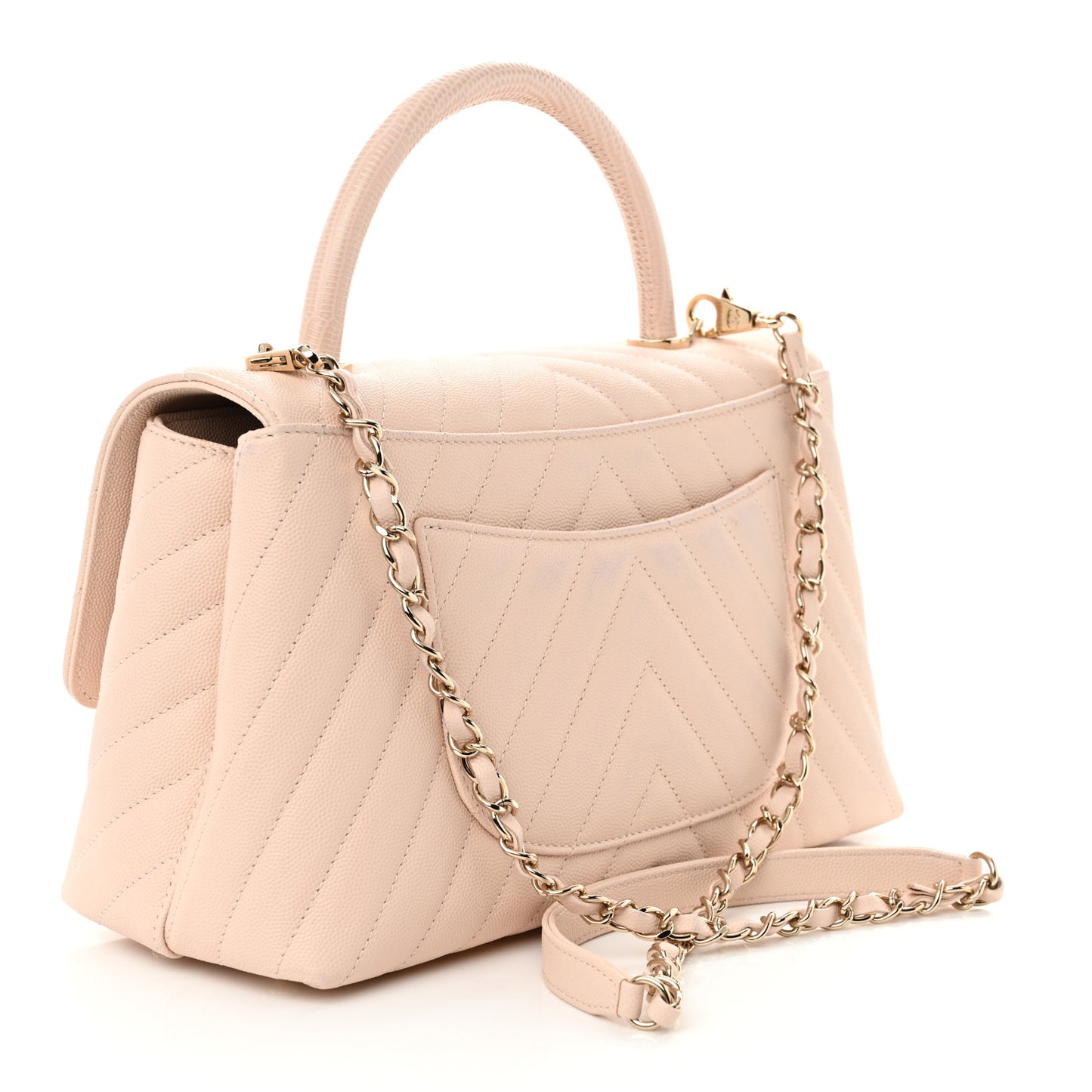 Lizard Embossed Caviar Chevron Quilted Small Coco Handle Flap Beige