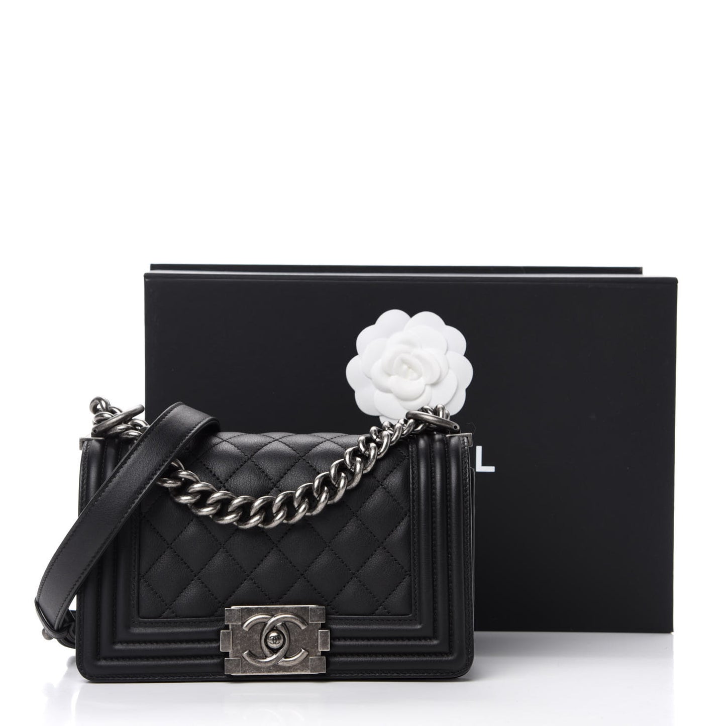Calfskin Quilted Small Boy Flap Black