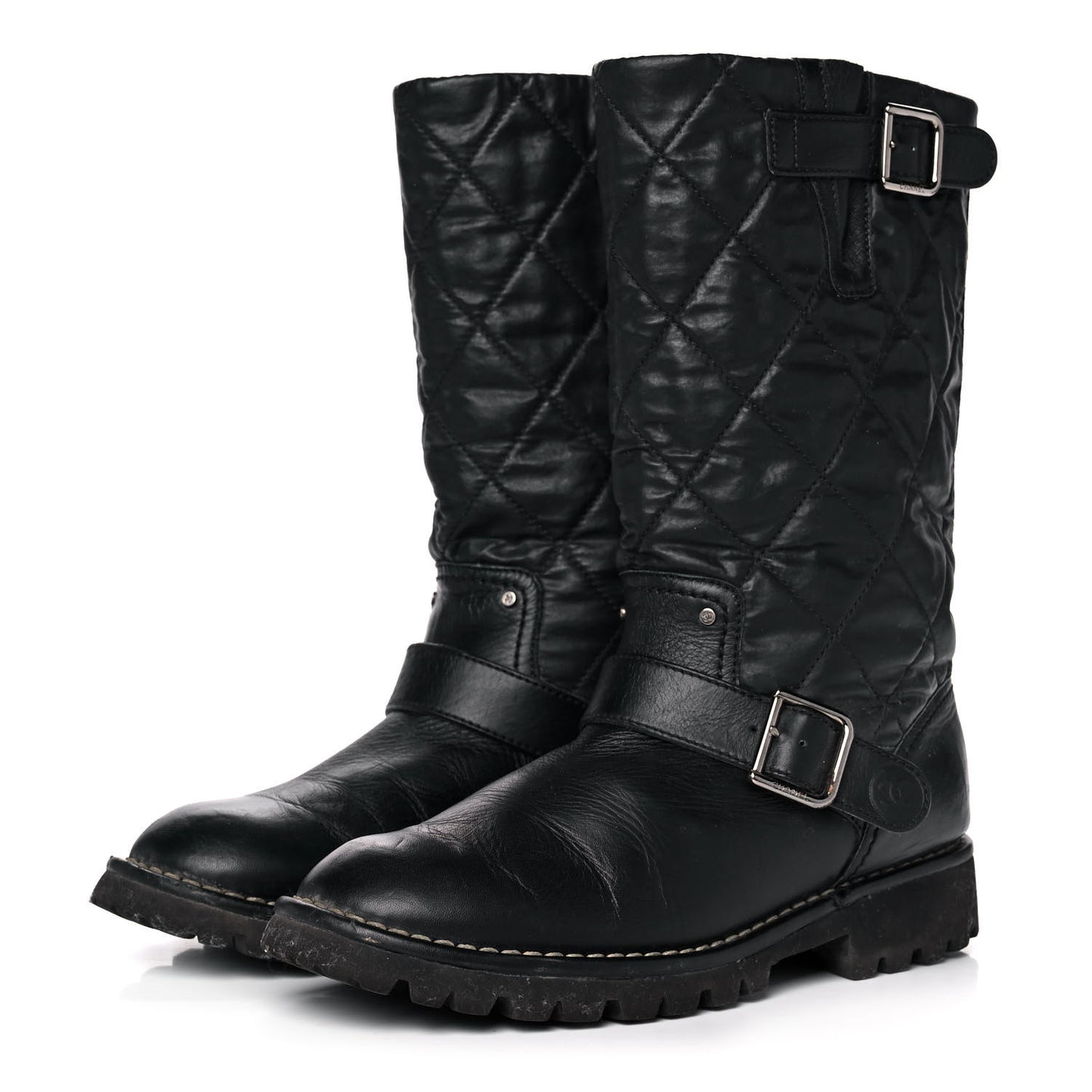 Calfskin Quilted Buckle Biker Boots 37 Black