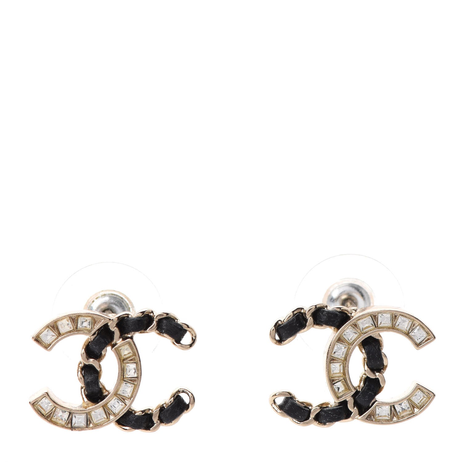 Chanel Crystal Baguette Lambskin Chain CC Vintage Allure Stud Earrings Black Gold 1 of 5