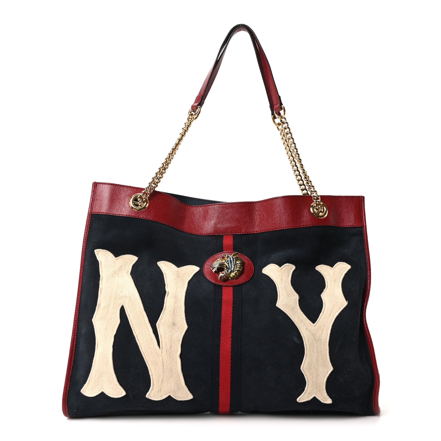 Gucci X MLB Suede Calfskin NY Yankees Large Rajah Chain Tote New