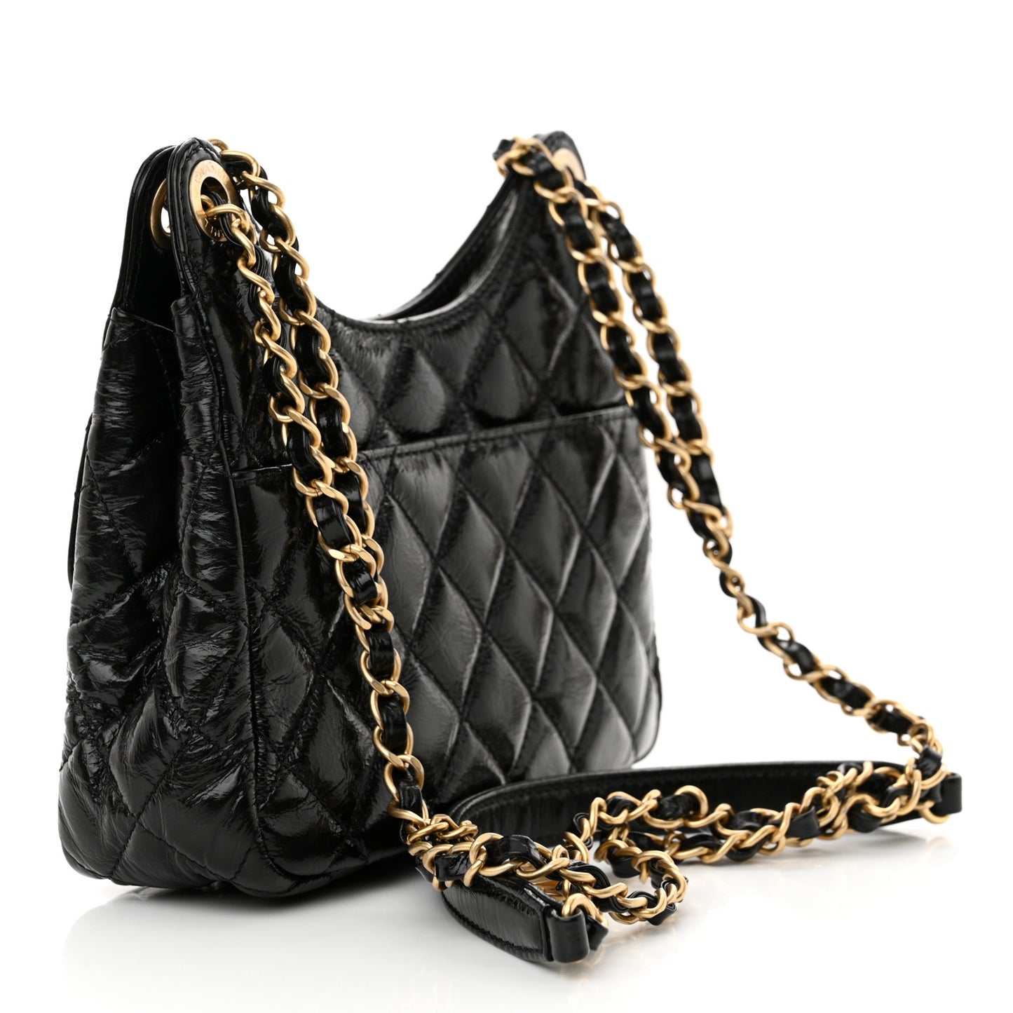 Shiny Crumpled Calfskin Quilted Small Wavy CC Hobo Black