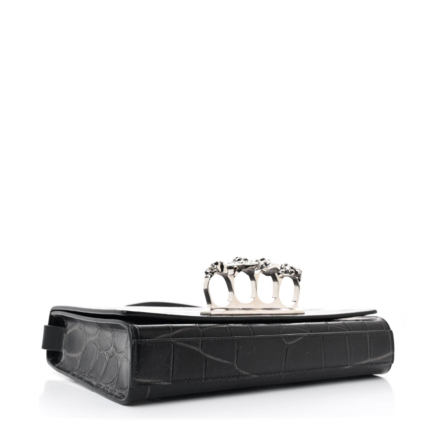 Crocodile Embossed Calfskin Four Ring Knuckle Crossbody Bag Black