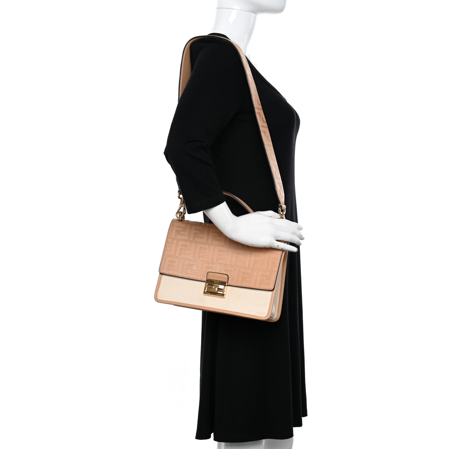 Vitello Cristallo Nature Canvas FF 1974 Embossed Kan U Shoulder Bag Makeup Grezzo