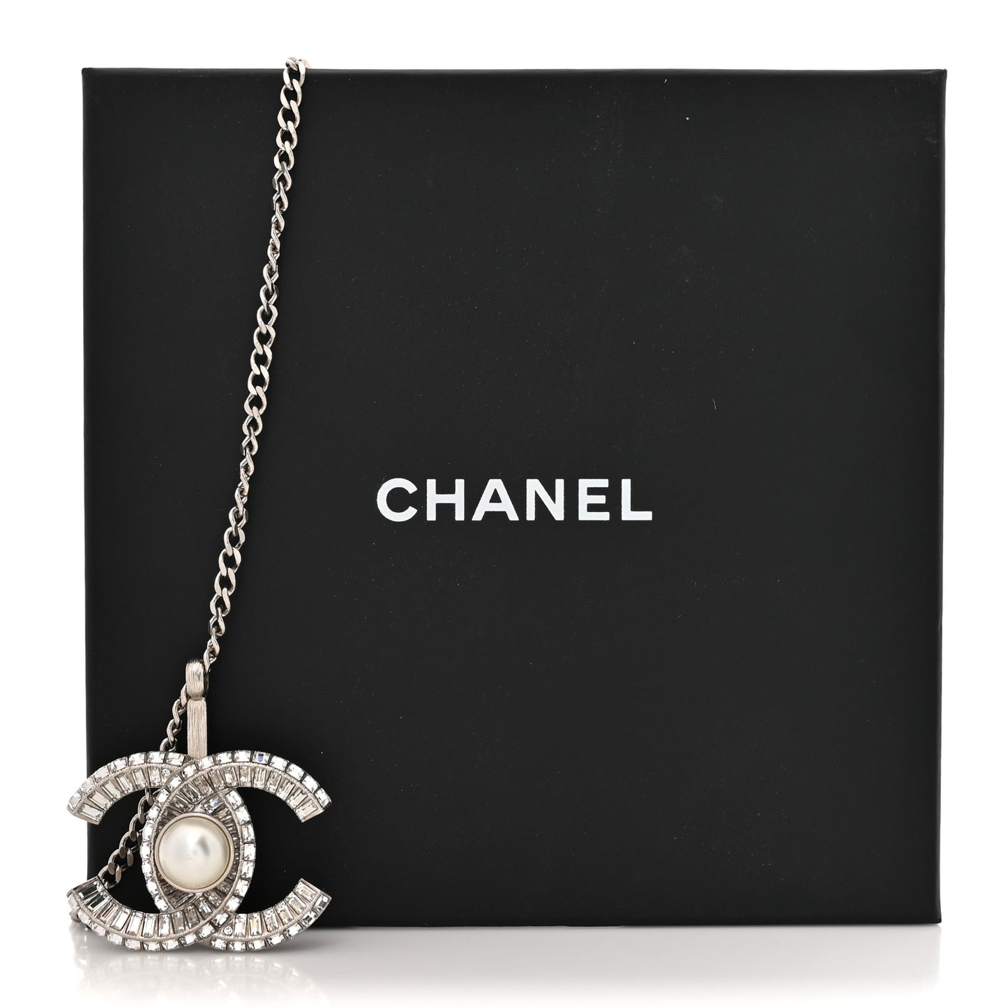 Pearl Baguette Crystal Large CC Pendant Necklace Silver