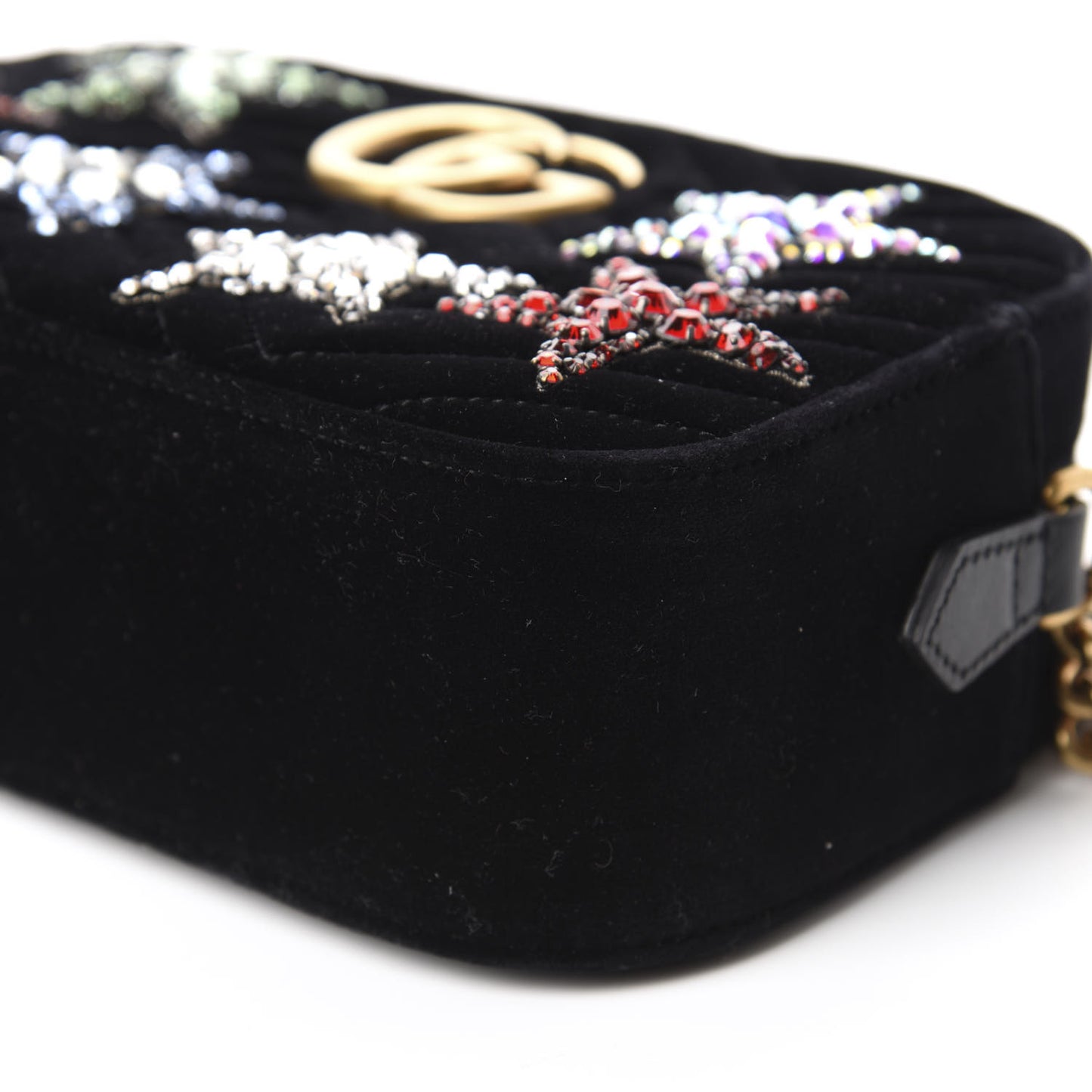 Velvet Matelasse Crystal Star Embroidered Small GG Marmont Chain Shoulder Bag Black
