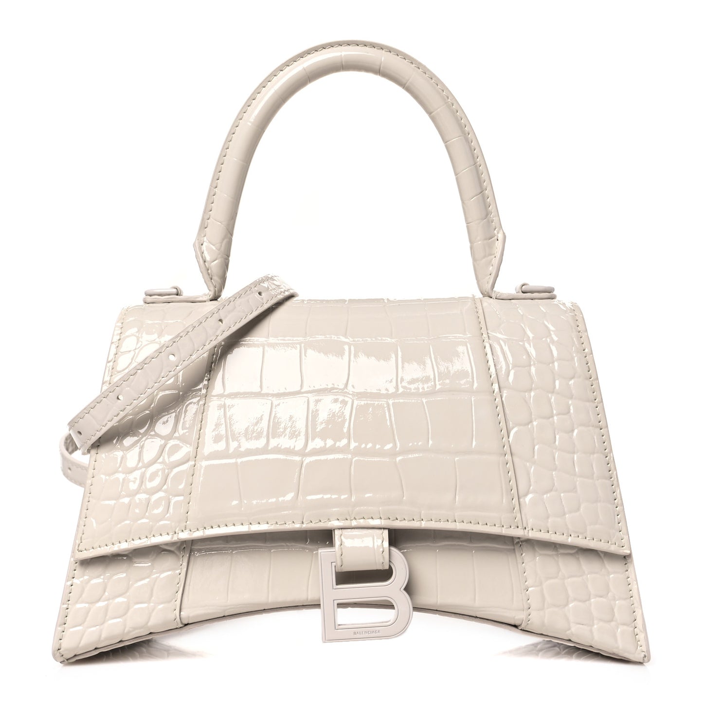 Shiny Calfskin Monochrome Crocodile Embossed Hourglass Top Handle Bag XS Nacre