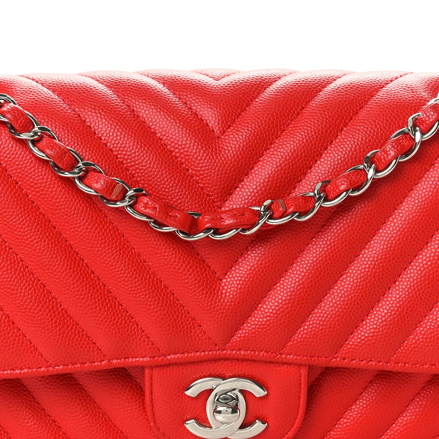 Caviar Chevron Quilted Medium Double Flap Red
