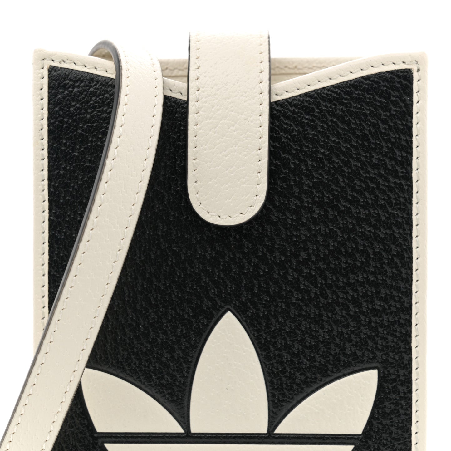 X ADIDAS Textured Dollar Calfskin Trefoil Embossed Phone Crossbody Bag Black Off White