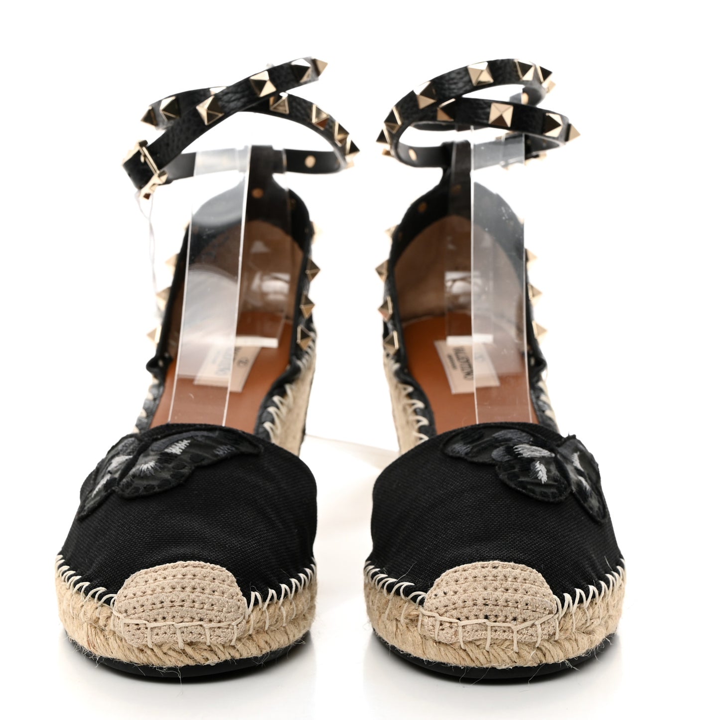 Canvas Butterfly Embroidered Rockstud Ankle Strap Espadrille 15/85mm Wedge Sandals 41 Black