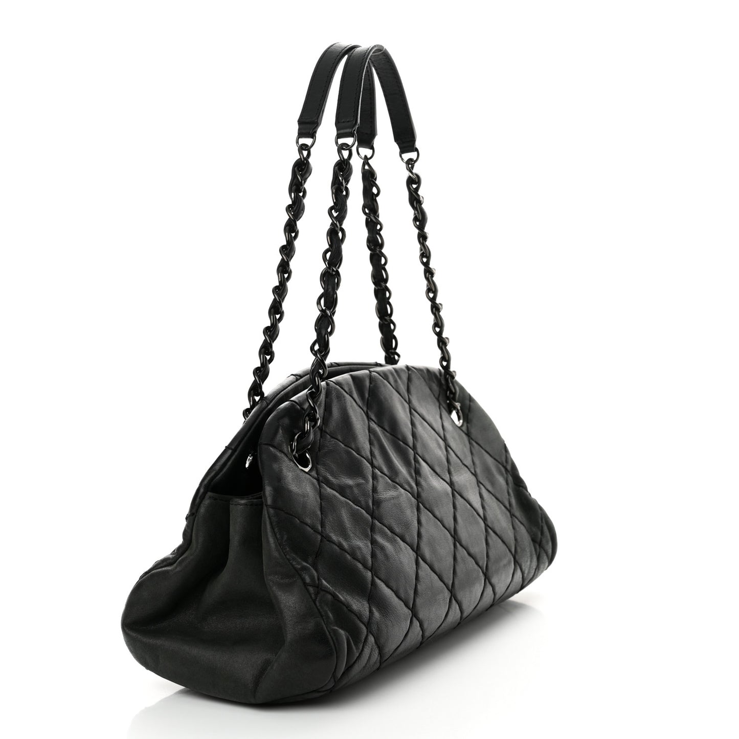 Iridescent Calfskin Stitched Just Mademoiselle Bowling Bag Black
