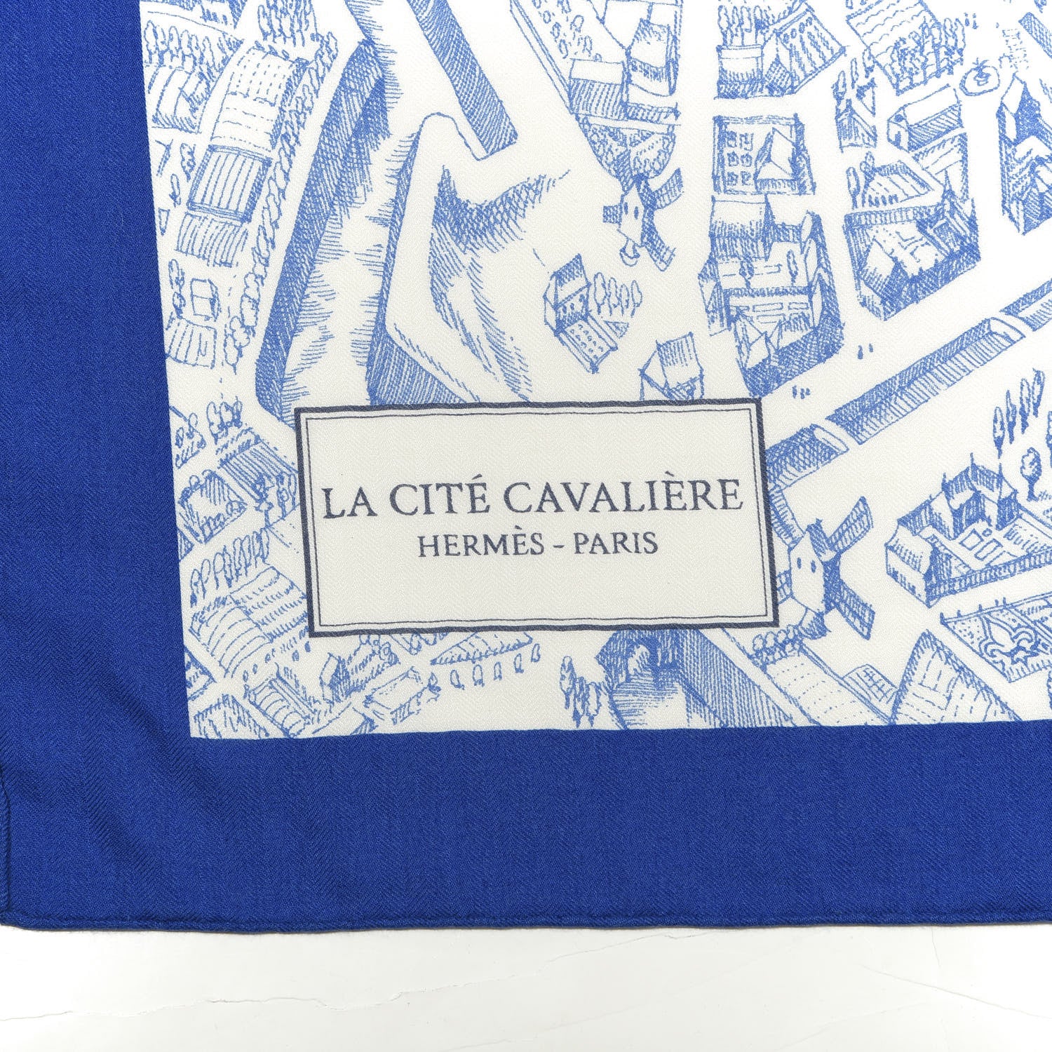 Hermes Cashmere Silk La Cite Cavaliere Shawl 140 Bleu Roy White Encre 2 of 4