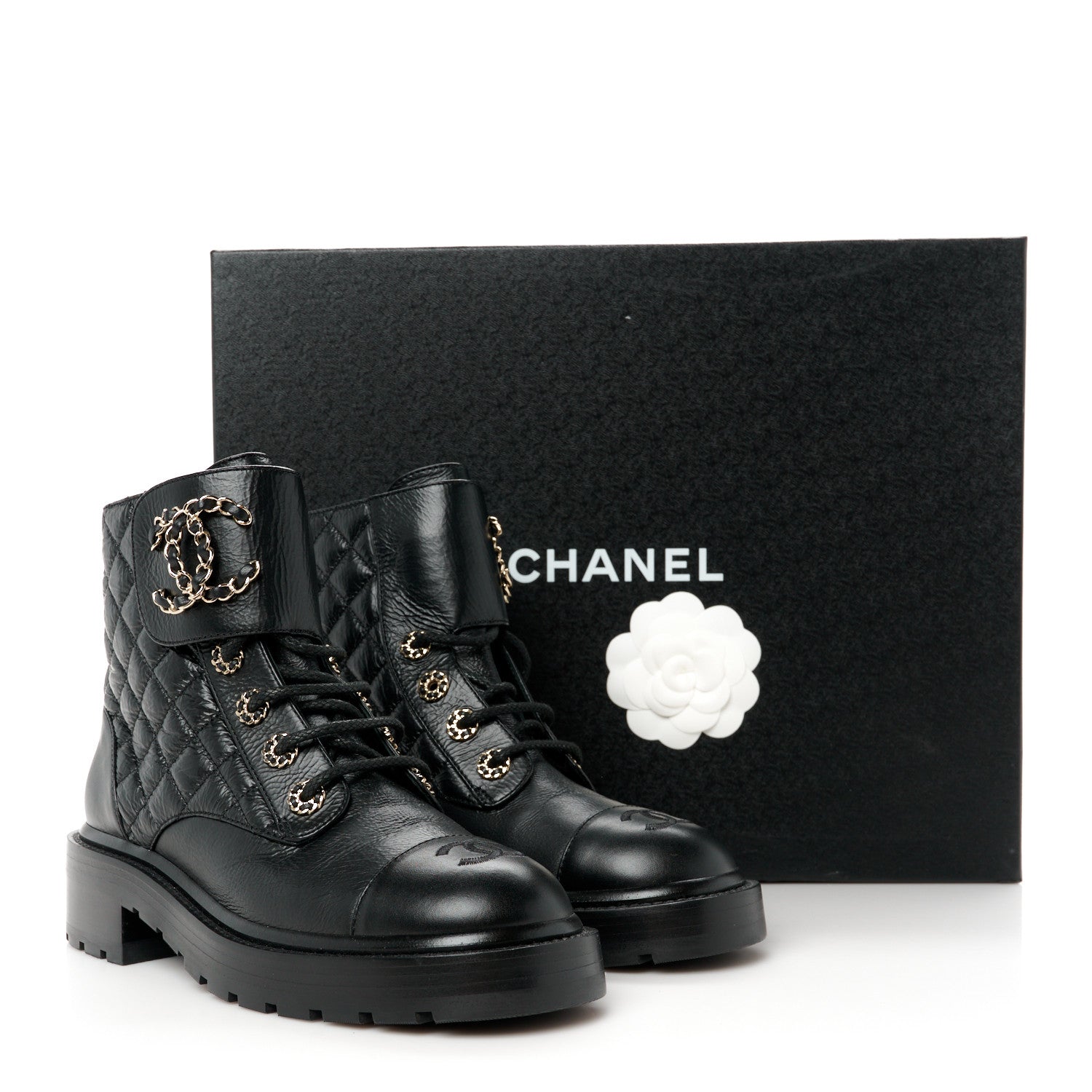 Chanel Shiny Goatskin Calfskin Quilted Lace Up Combat Boots 36 Black 10 of 10
