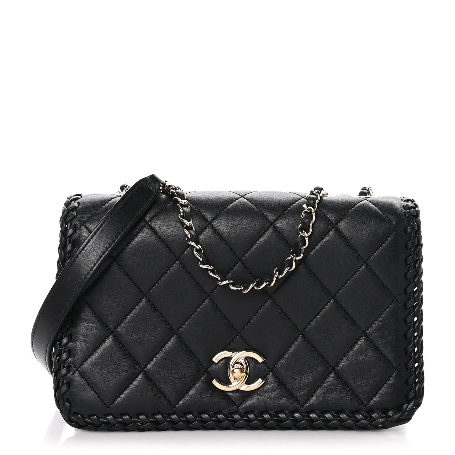 Lambskin Quilted Medium Whipstitch Flap Bag Black