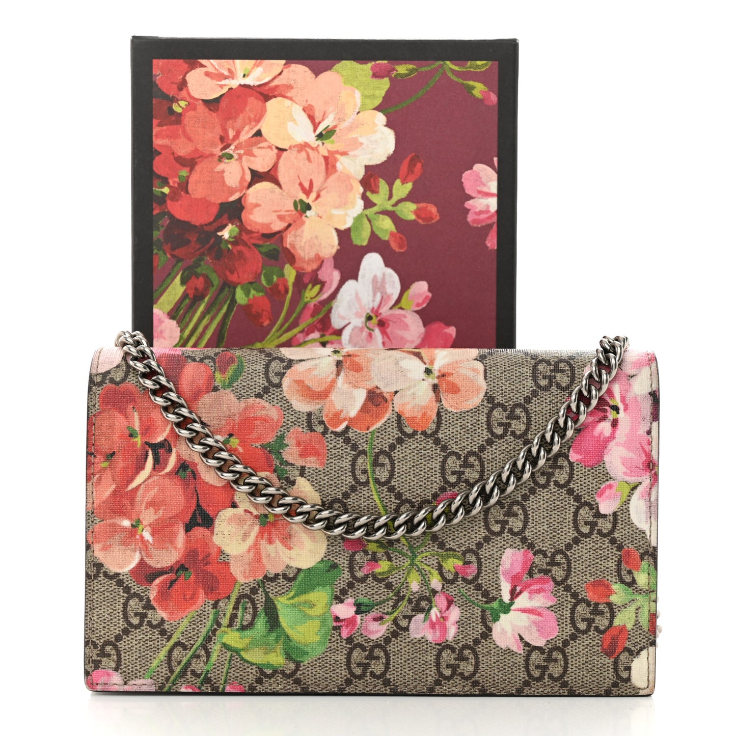 GG Supreme Monogram Blooms Chain Wallet Beige Multicolor Dry Rose