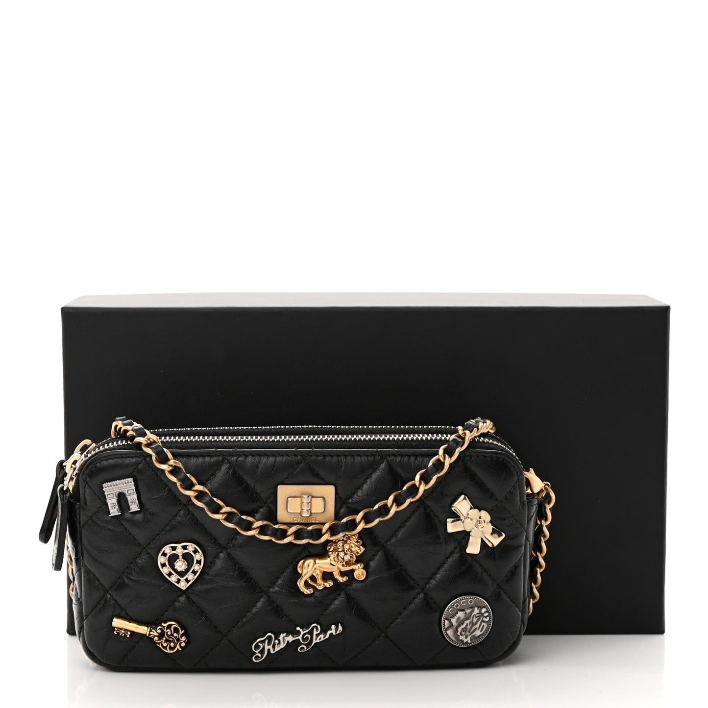 Aged Calfskin Lucky Charms 2.55 Reissue Small Clutch With Chain Black