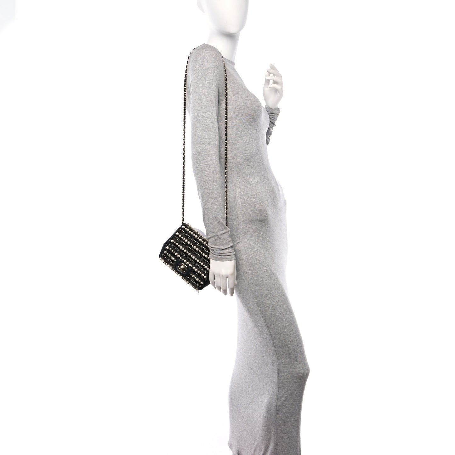 Lambskin Sequin Pearl Chain Fringe Mini Flap Black