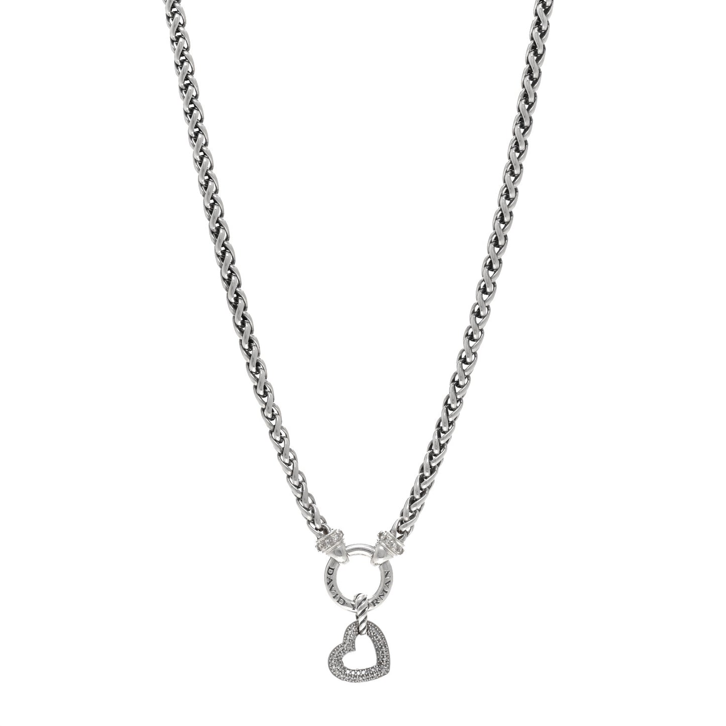 Sterling Silver Diamond Pave Heart Charm Pendant Wheat Chain Necklace