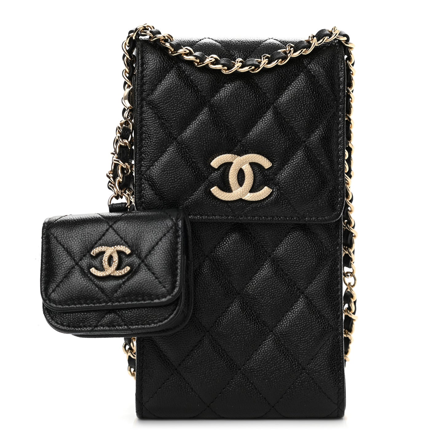 Caviar Quilted CC Airpods Pro and Phone Case With Chain Black