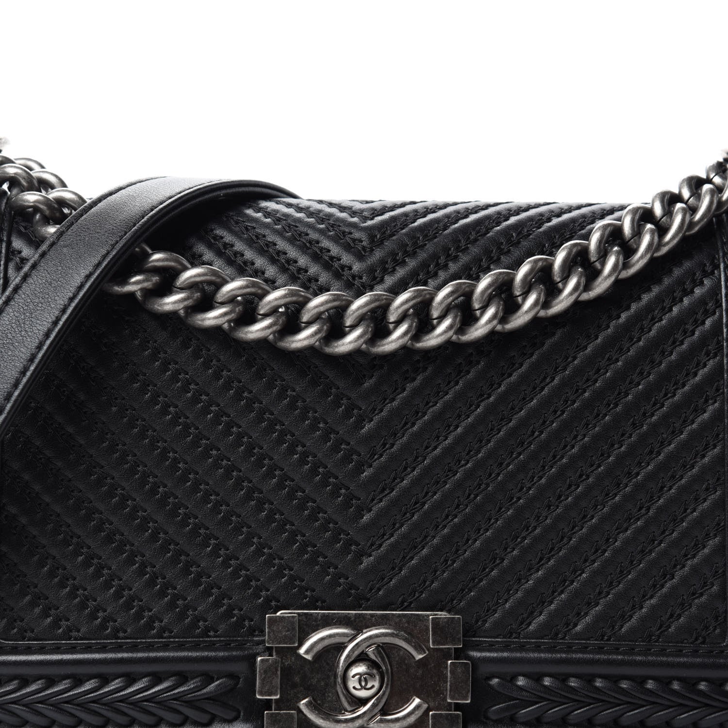 Chanel Calfskin Chevron Quilted Medium Braided Boy Flap Black 14 of 14