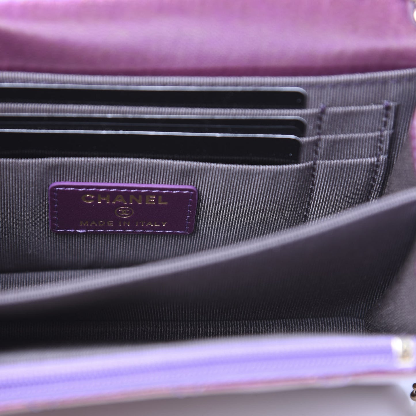 Iridescent Lambskin Quilted Mini Wallet On Chain WOC Purple