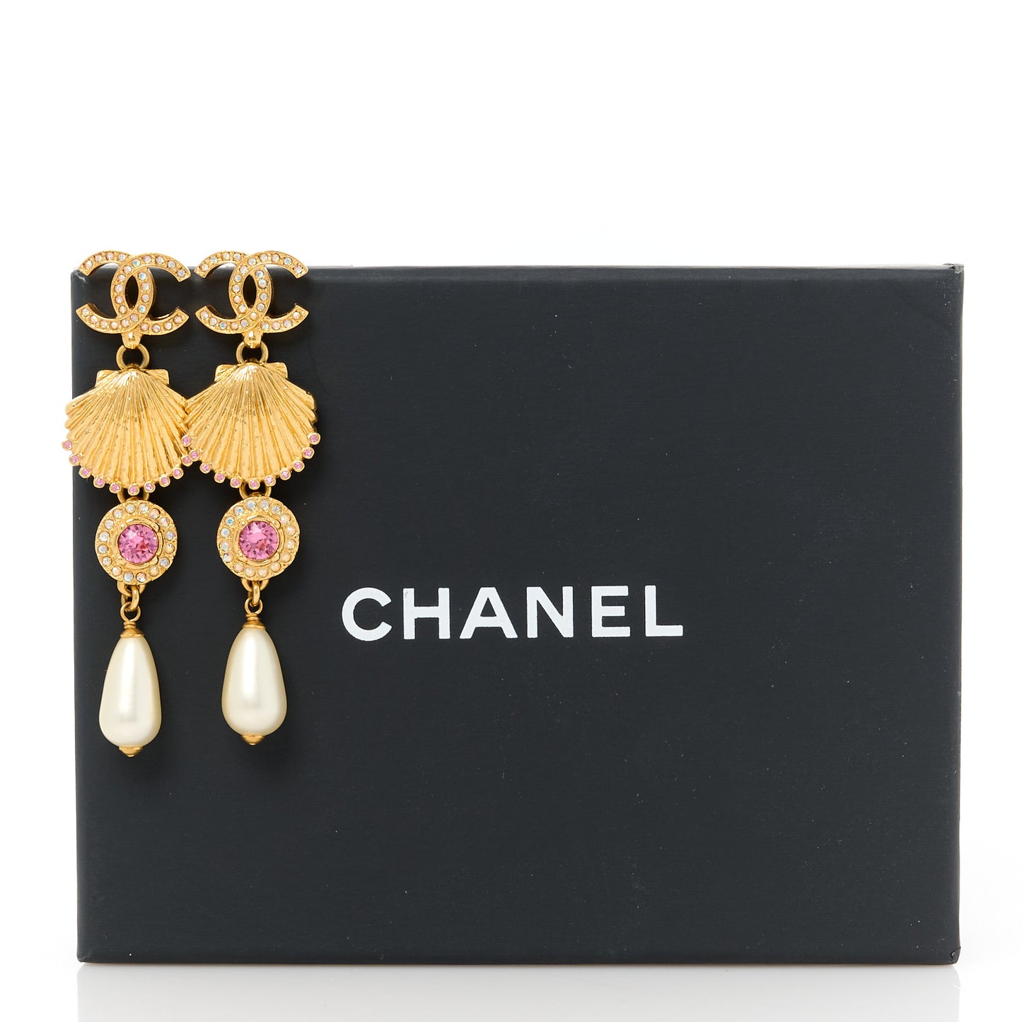 Metal Crystal Pearl CC Drop Earrings Gold Pink White