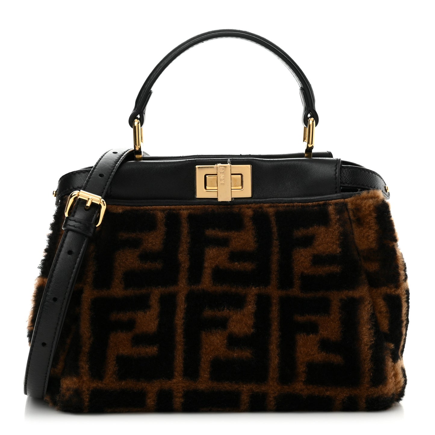 Shearling Nappa Macro FF 1974 Mini Peekaboo Iconic Satchel Tobacco Black