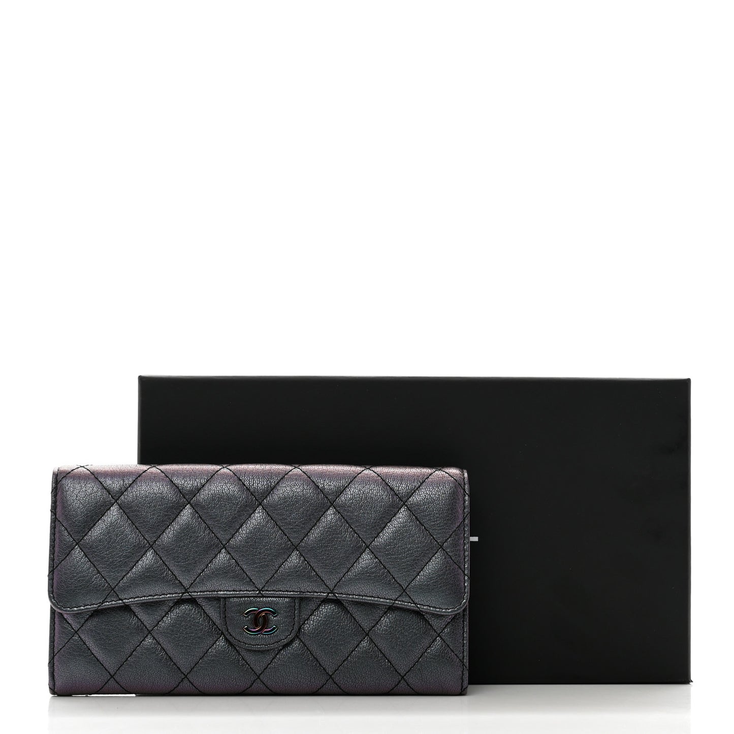 Iridescent Goatskin Quilted Large Flap Wallet Purple