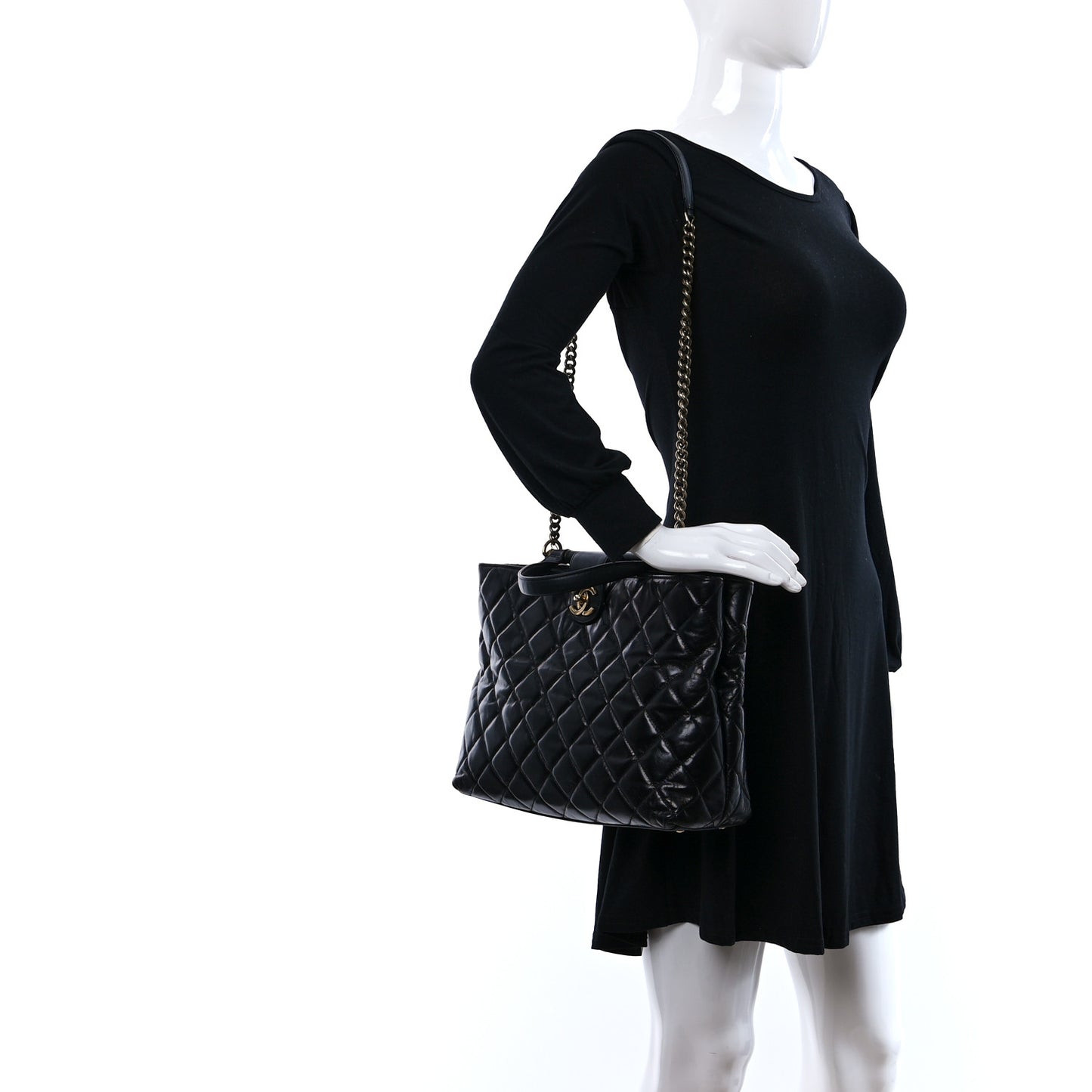 Glazed Calfskin Quilted Gold Bar Tote Black