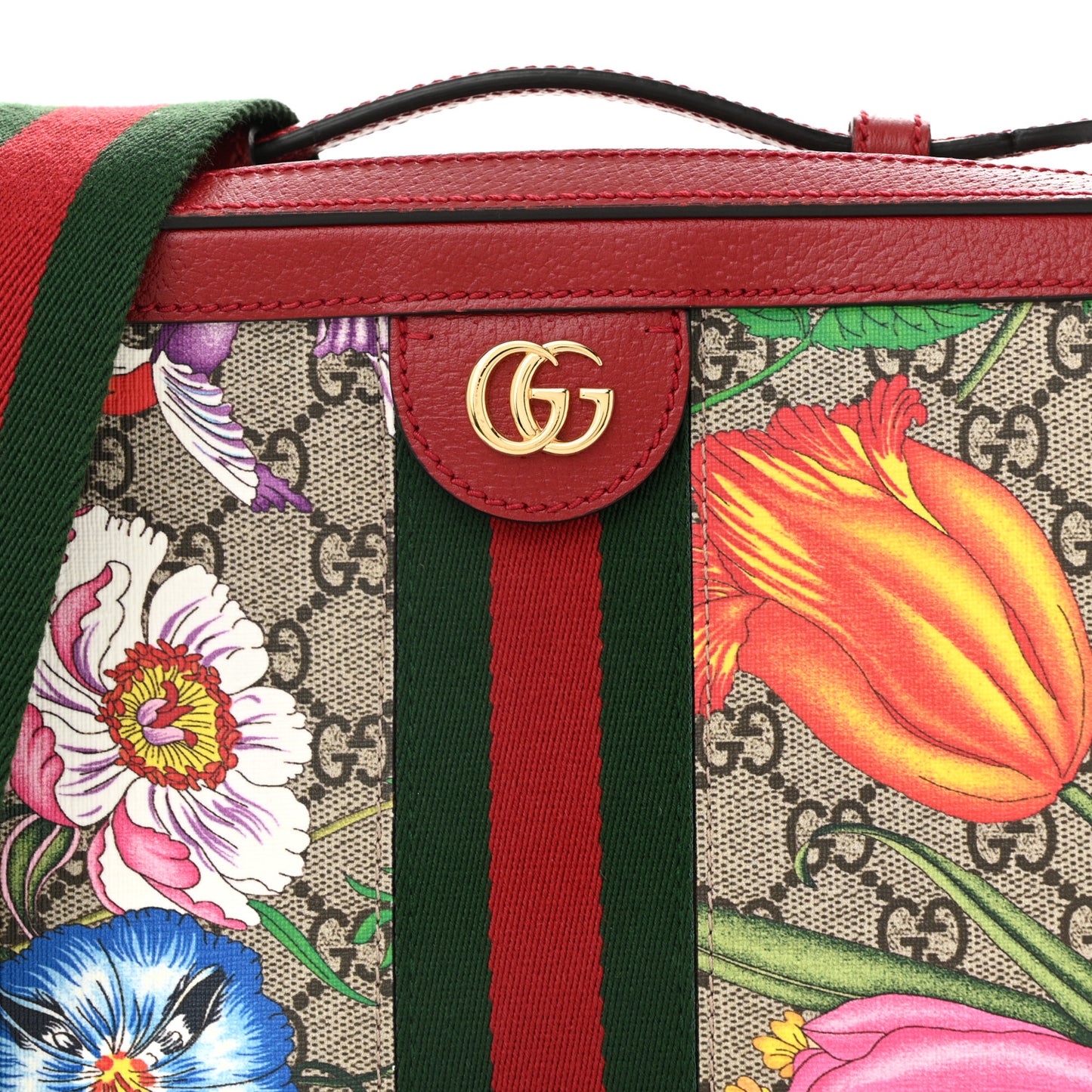 GG Supreme Monogram Flora Web Small Ophidia Top Handle Shoulder Bag Hibiscus Red
