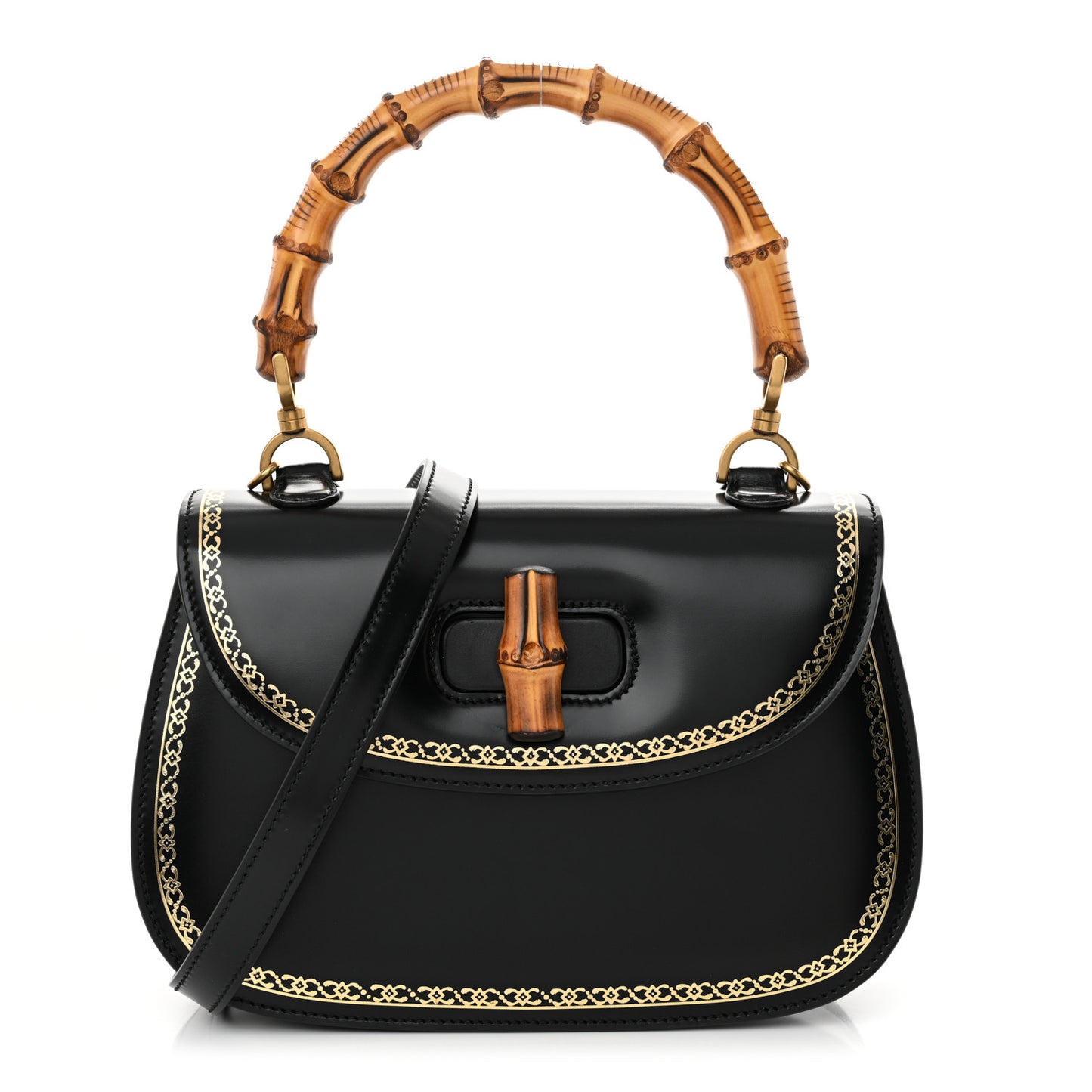 Calfskin Frame Print Bamboo Top Handle Bag Black