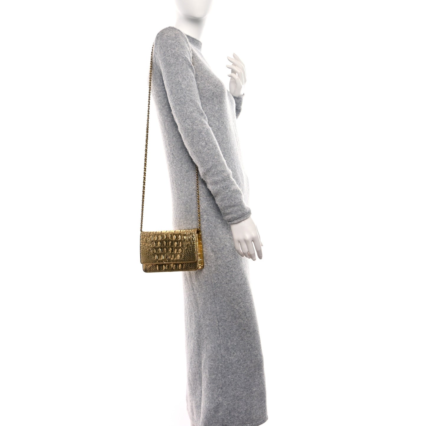Metallic Calfskin Crocodile Embossed Cocodile Wallet On Chain WOC Gold
