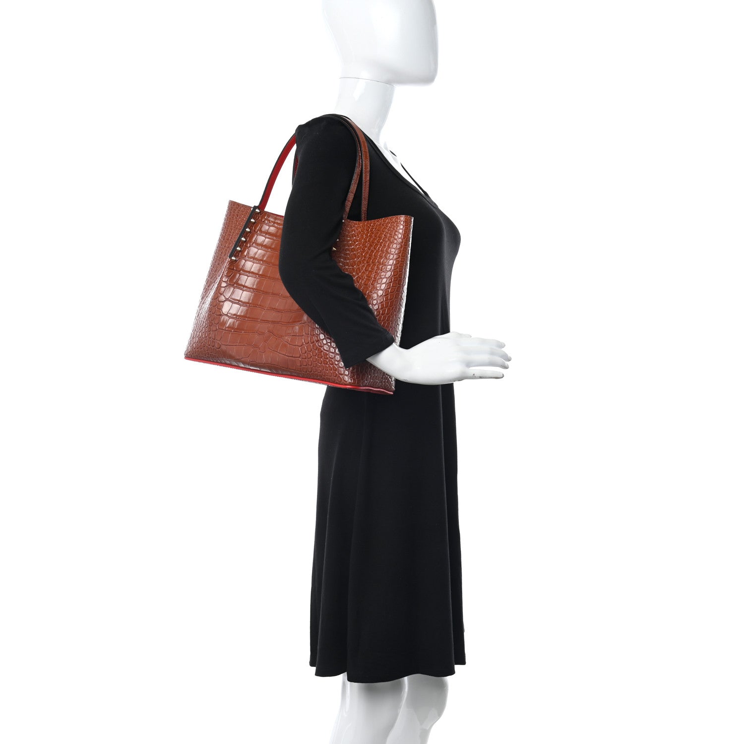 Christian Louboutin Crocodile Embossed Calfskin Spiked Small Cabarock Shopper Tote Brown 2 of 10