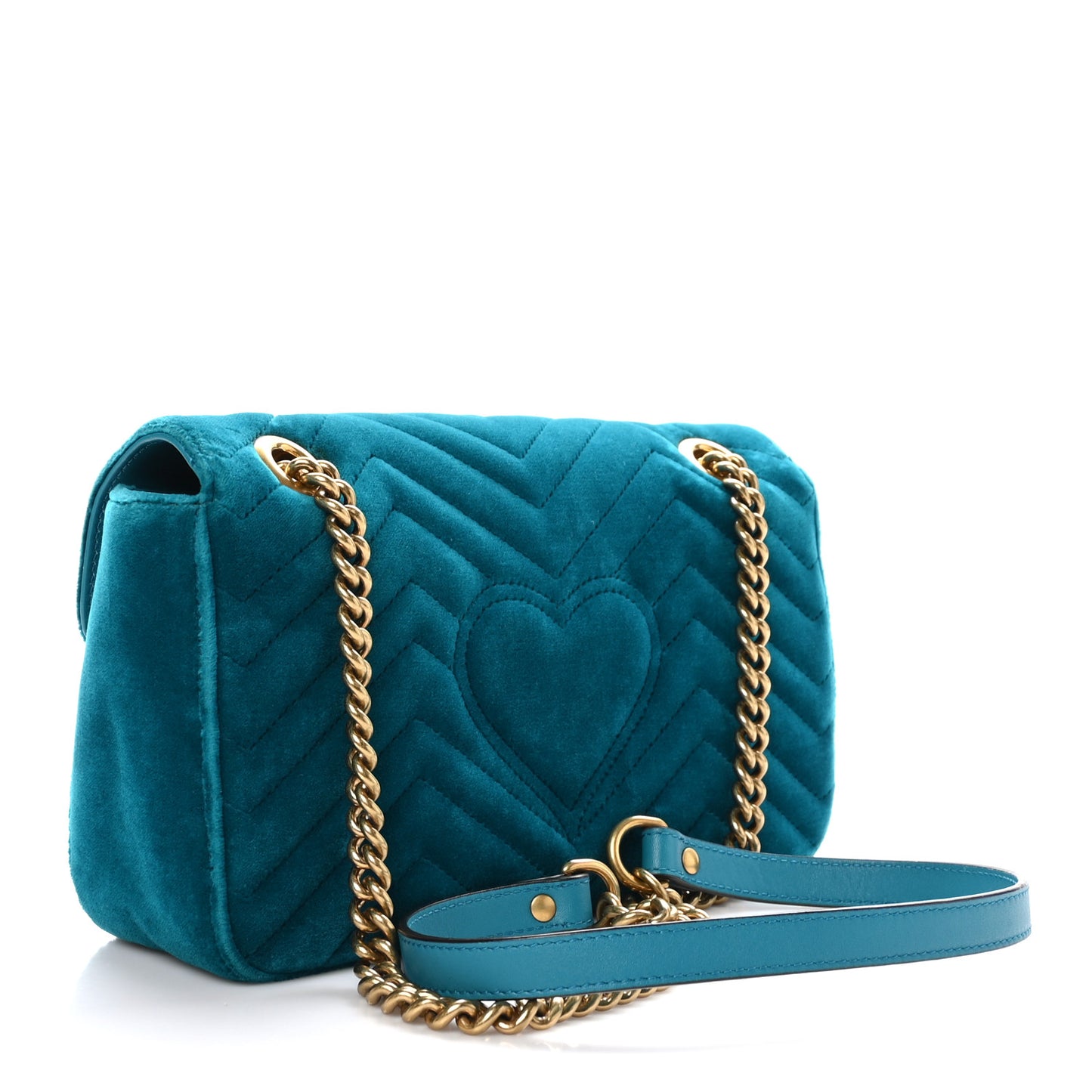 Velvet Matelasse Embroidered Small GG Marmont Shoulder Bag Pavone Cyan