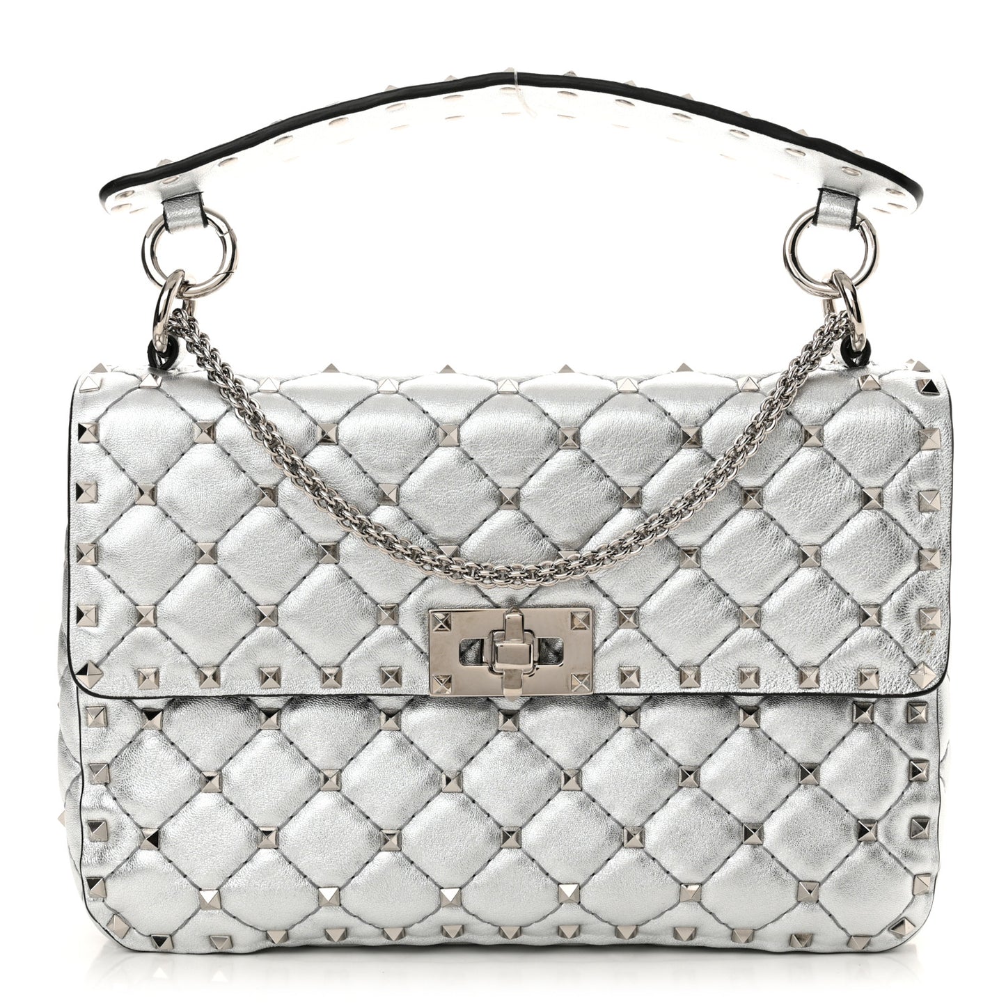 Metallic Nappa Medium Rockstud Spike Shoulder Bag Silver