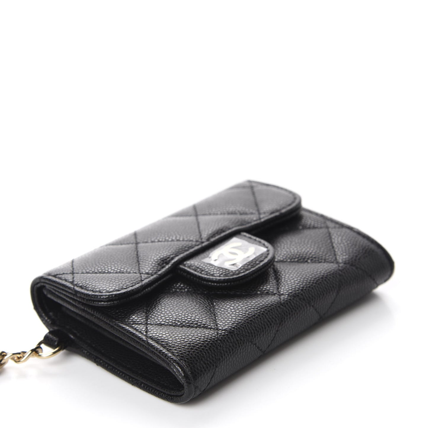 Caviar Quilted Flap Card Holder Chain Wristlet Black