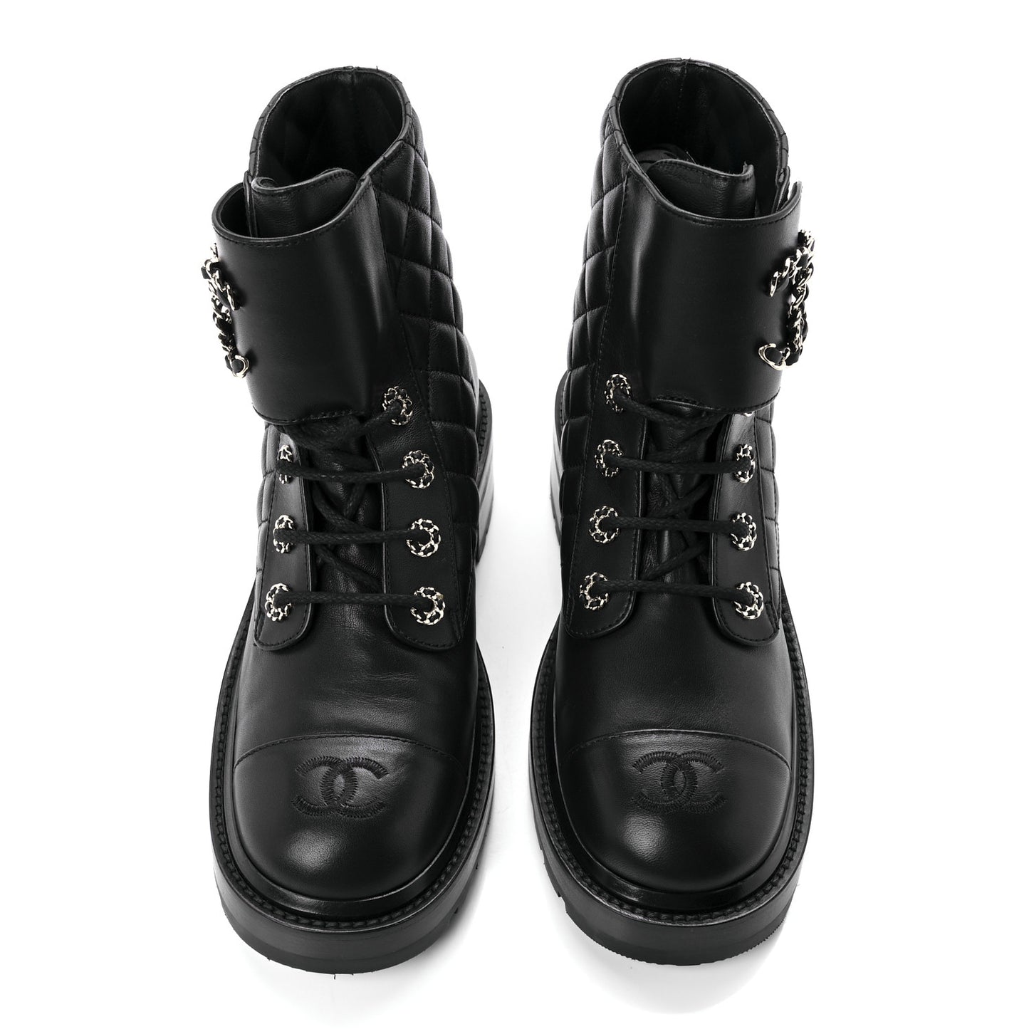 Shiny Lambskin Quilted Lace Up Combat Boots 39 Black