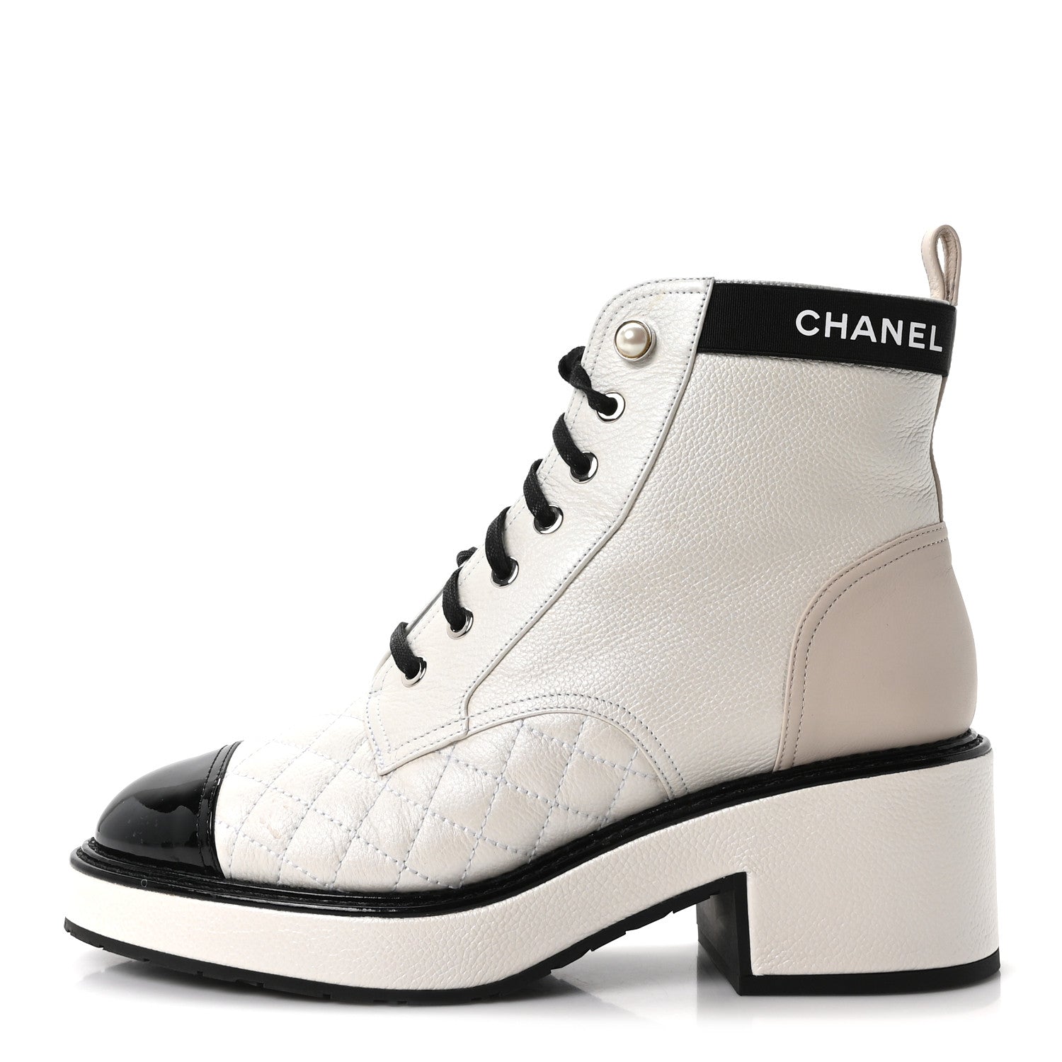 Chanel Pearly Calfskin Patent Calfskin Quilted Lace Up Boots 38