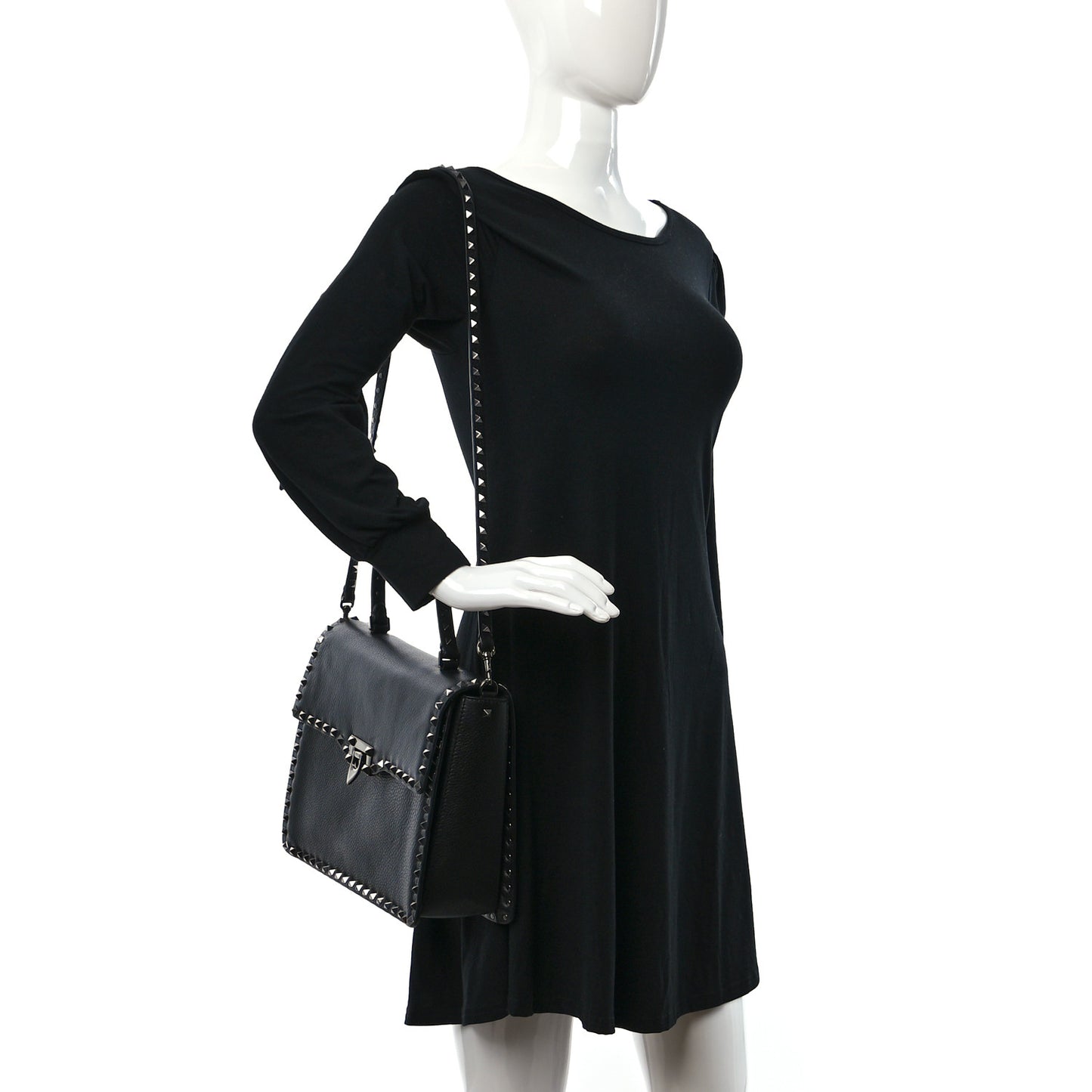 Grained Calfskin Rockstud Top Handle Flap Shoulder Bag Black