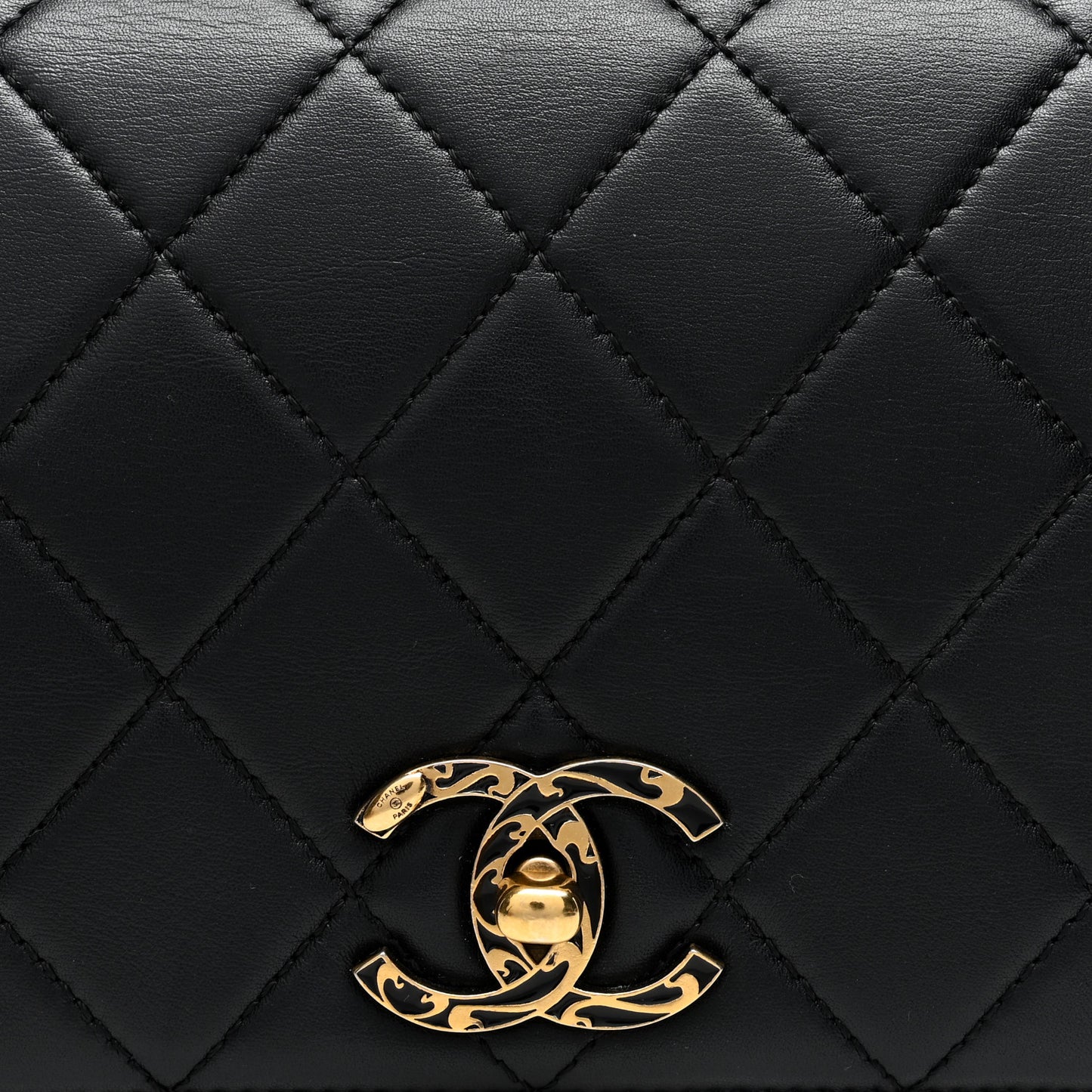 Metal Calfskin Quilted Top Handle Flap Black