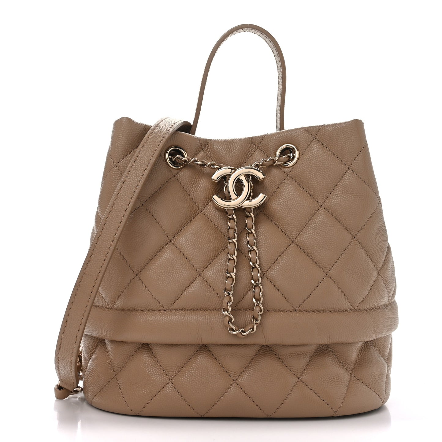 Caviar Quilted Rolled Up Bucket Drawstring Bag Beige