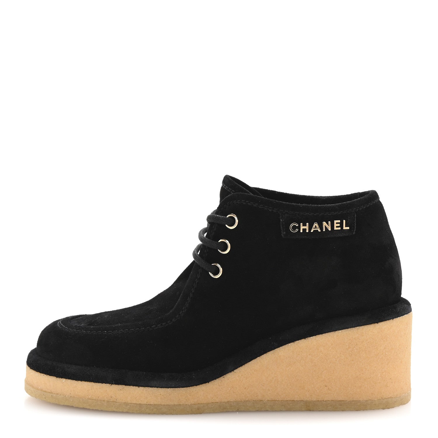Chanel Suede Calfskin Lace Up Wedge Booties 36.5 Black 1710005 