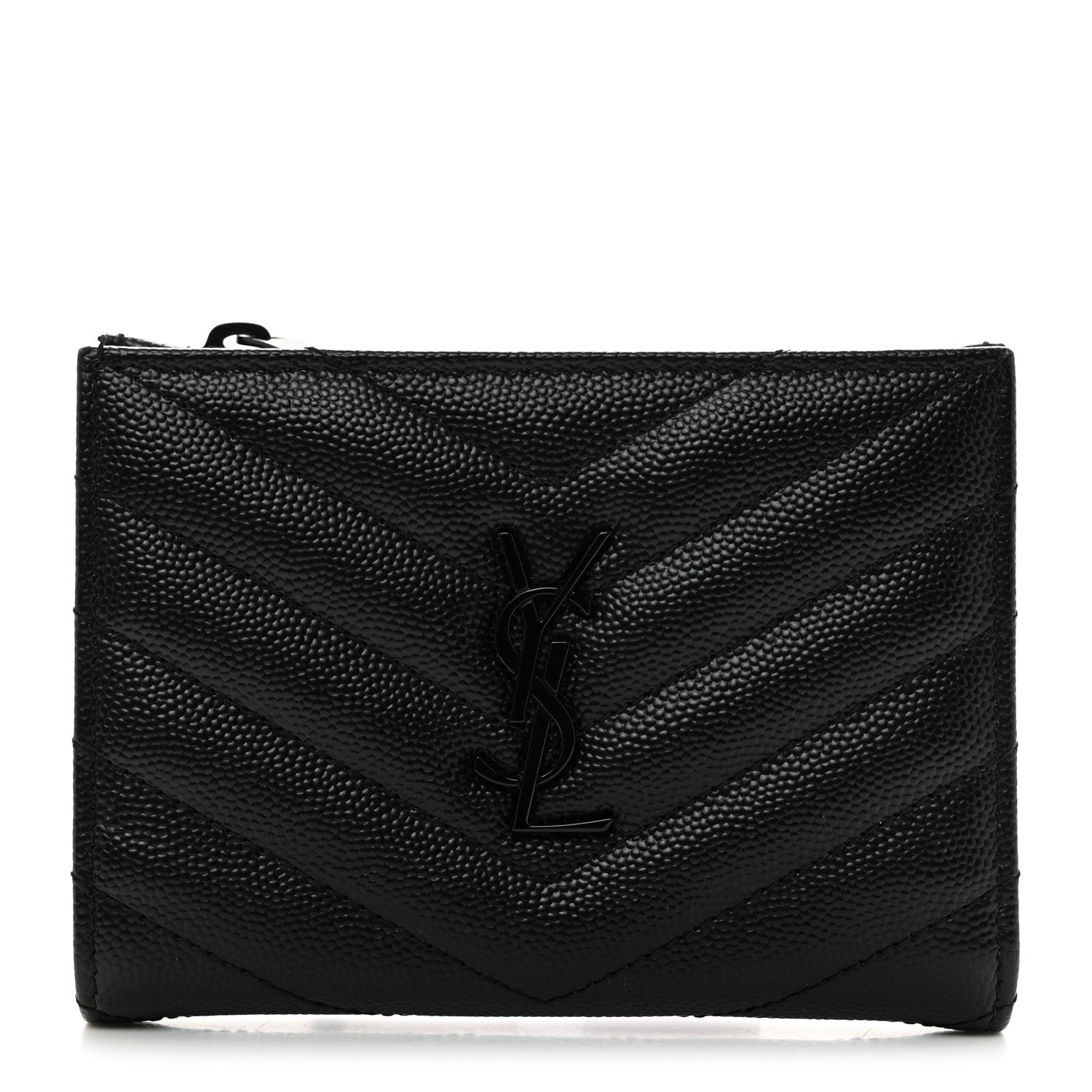 Saint Laurent Grain De Poudre Matelasse Chevron Monogram Zipped Two-Part Wallet Black 1 of 7